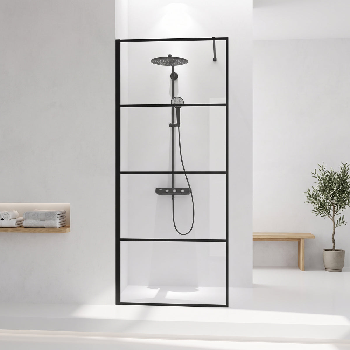 Panneau de Douche Walk-In Fixe Réversible 34po x 79po en Noir Mat avec Verre Clair