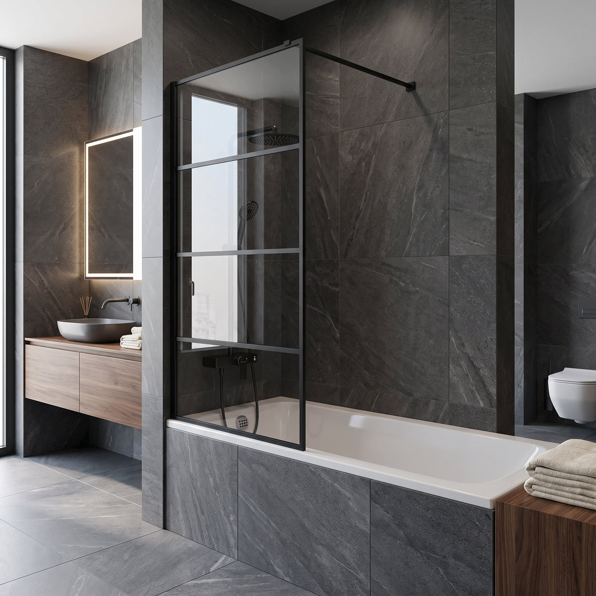 Panneau de baignoire fixe réversible 32po x 66po en noir mat avec verre trempé transparent