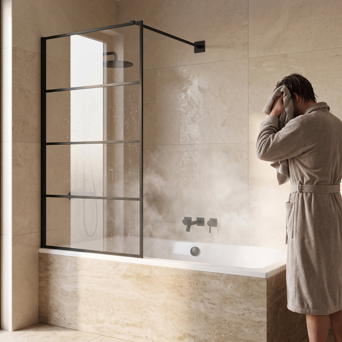 Panneau de baignoire fixe réversible 32po x 66po en noir mat avec verre trempé transparent