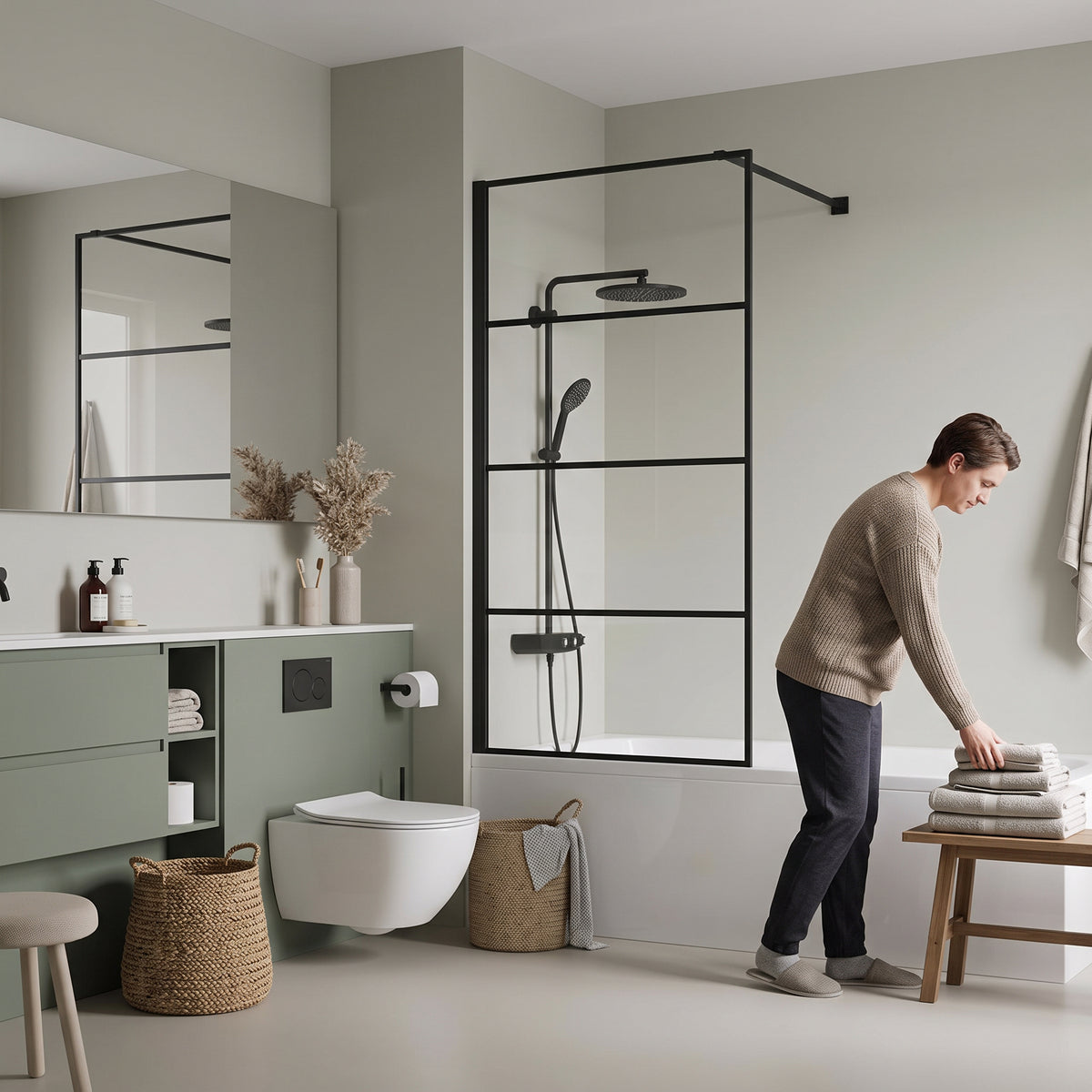 Panneau de baignoire fixe réversible 32po x 66po en noir mat avec verre trempé transparent