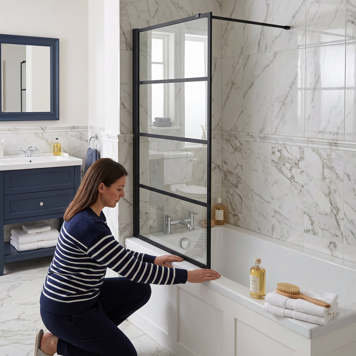 Panneau de baignoire fixe réversible 32po x 66po en noir mat avec verre trempé transparent