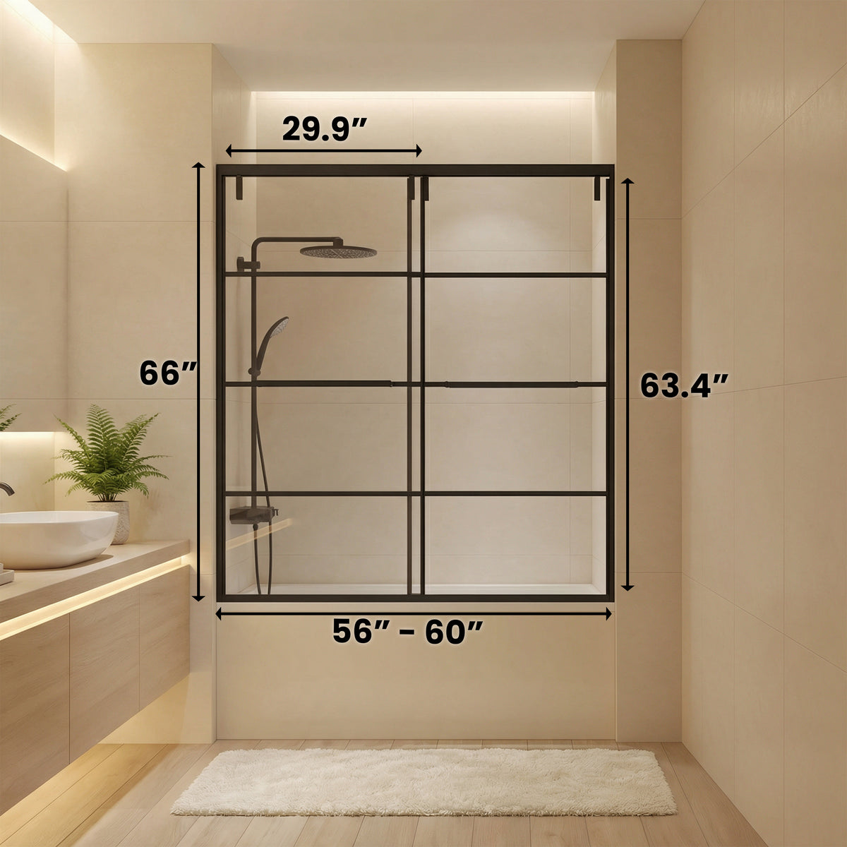60" x 66" Matte Black Framed Sliding Bathtub Door with Grid Design - Reversible