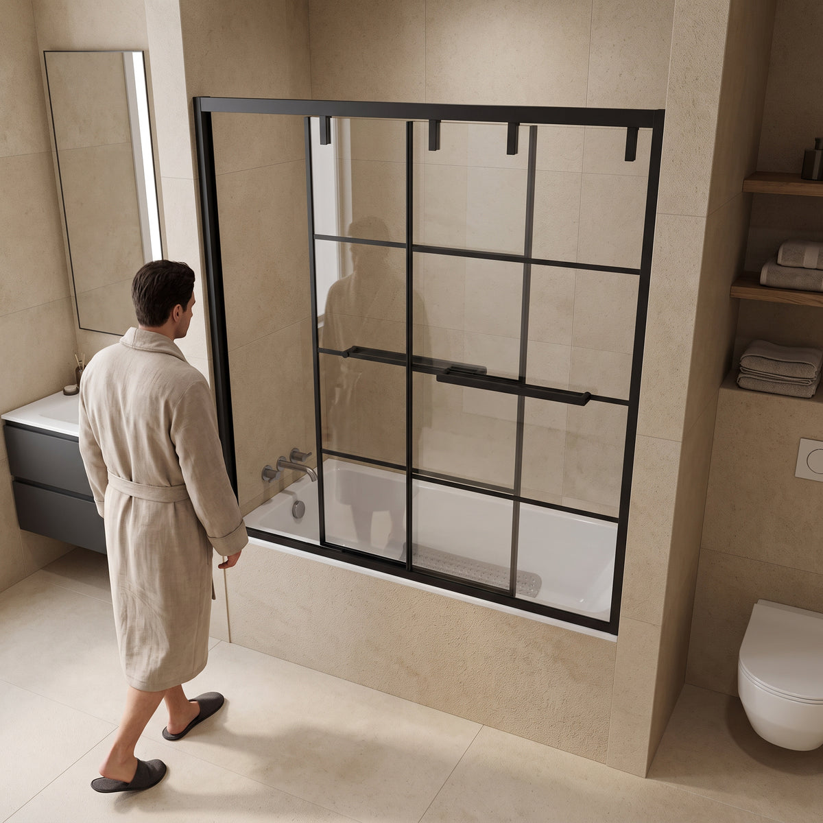 60" x 66" Matte Black Framed Sliding Bathtub Door with Grid Design - Reversible
