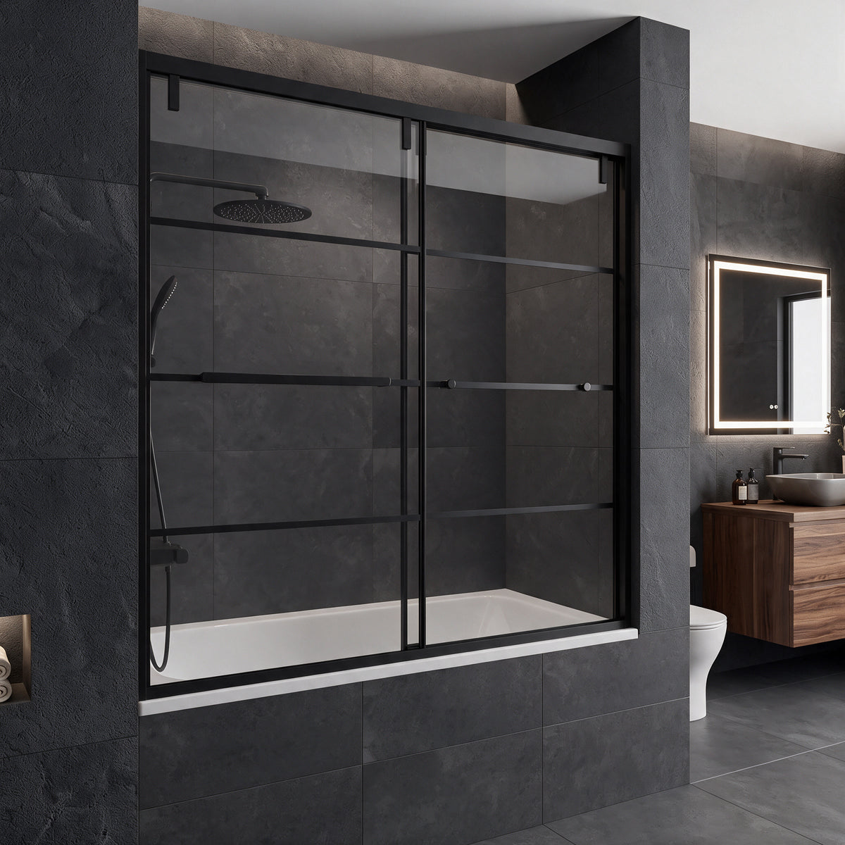 60" x 66" Matte Black Framed Sliding Bathtub Door with Grid Design - Reversible