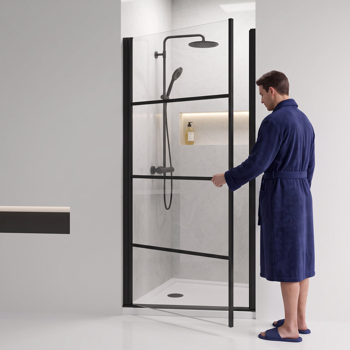 Porte de Douche Pivotante Réversible 36po x 79po Noir Mat avec Verre Clair