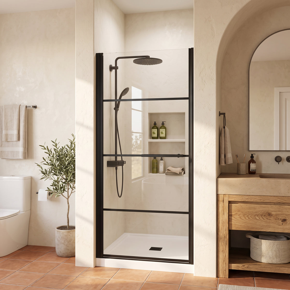 Porte de Douche Pivotante Réversible 36po x 79po Noir Mat avec Verre Clair