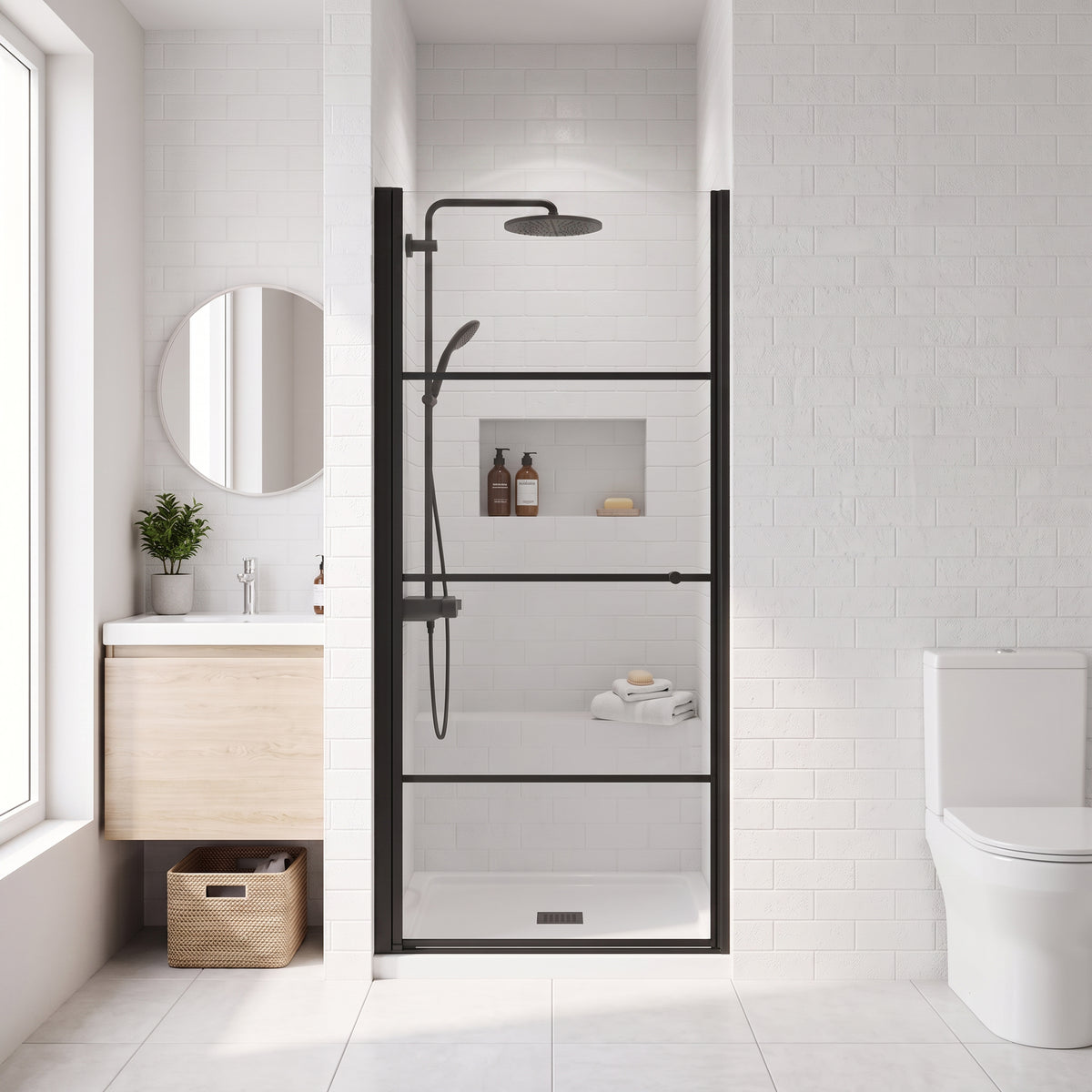 Porte de Douche Pivotante Réversible 36po x 79po Noir Mat avec Verre Clair