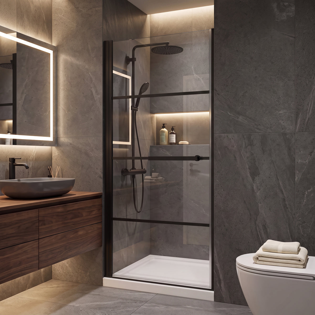 Porte de Douche Pivotante Réversible 36po x 79po Noir Mat avec Verre Clair