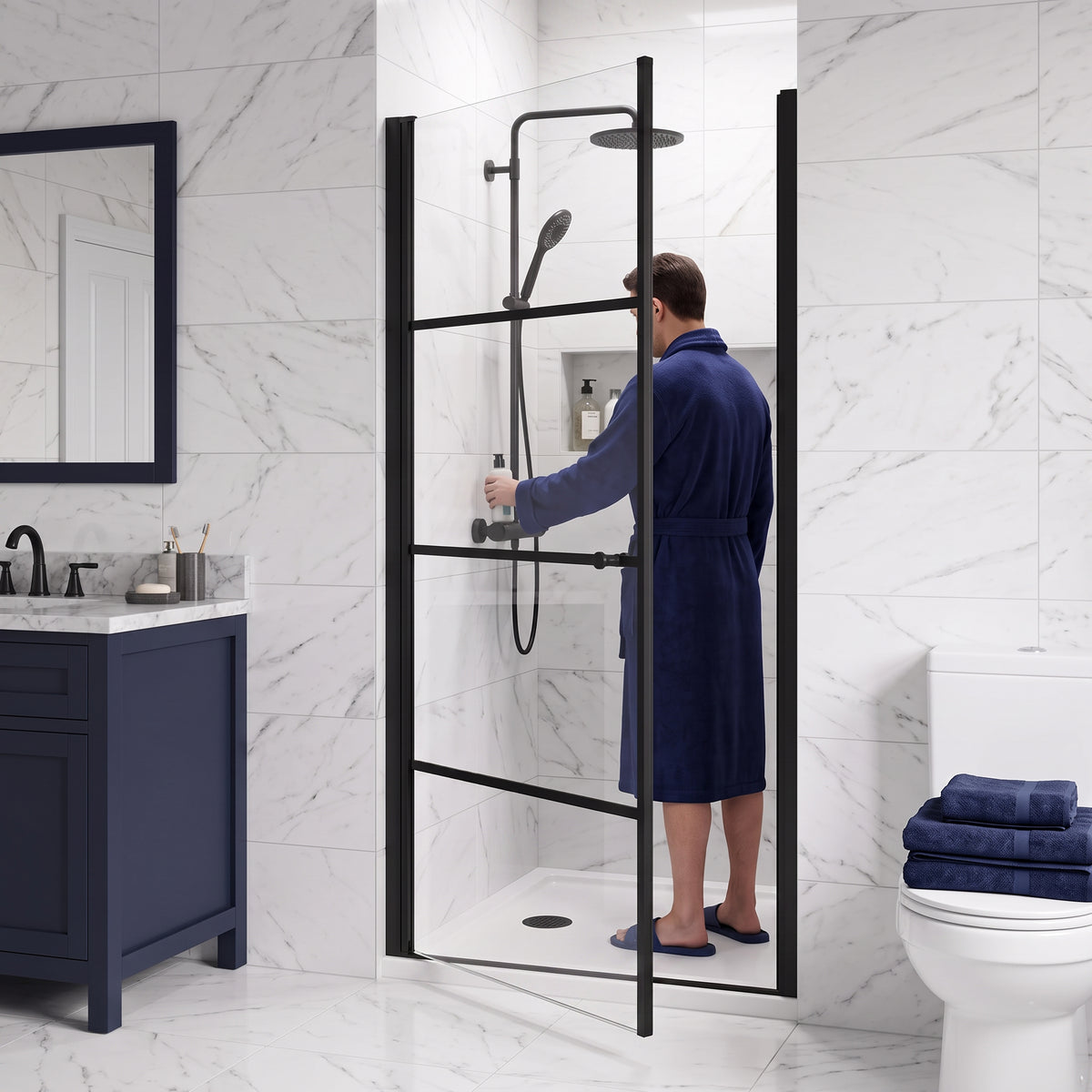Porte de Douche Pivotante Réversible 36po x 79po Noir Mat avec Verre Clair