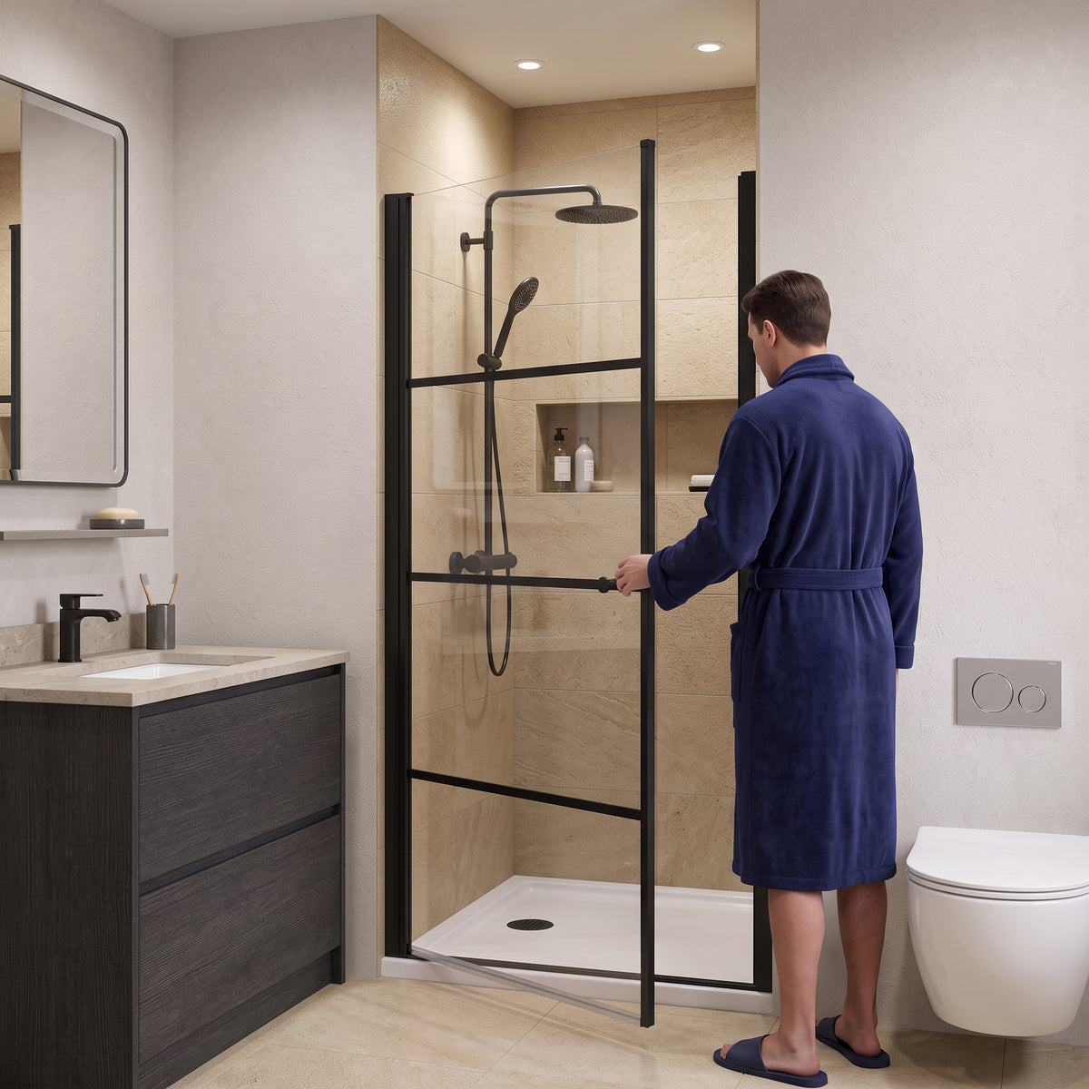 Porte de Douche Pivotante Réversible 36po x 79po Noir Mat avec Verre Clair