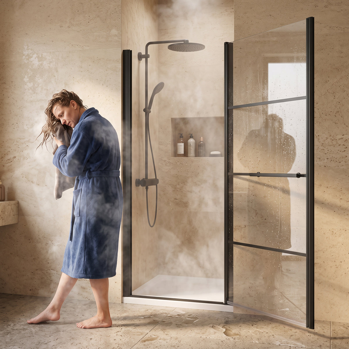 Porte de Douche Pivotante Réversible 36po x 79po Noir Mat avec Verre Clair