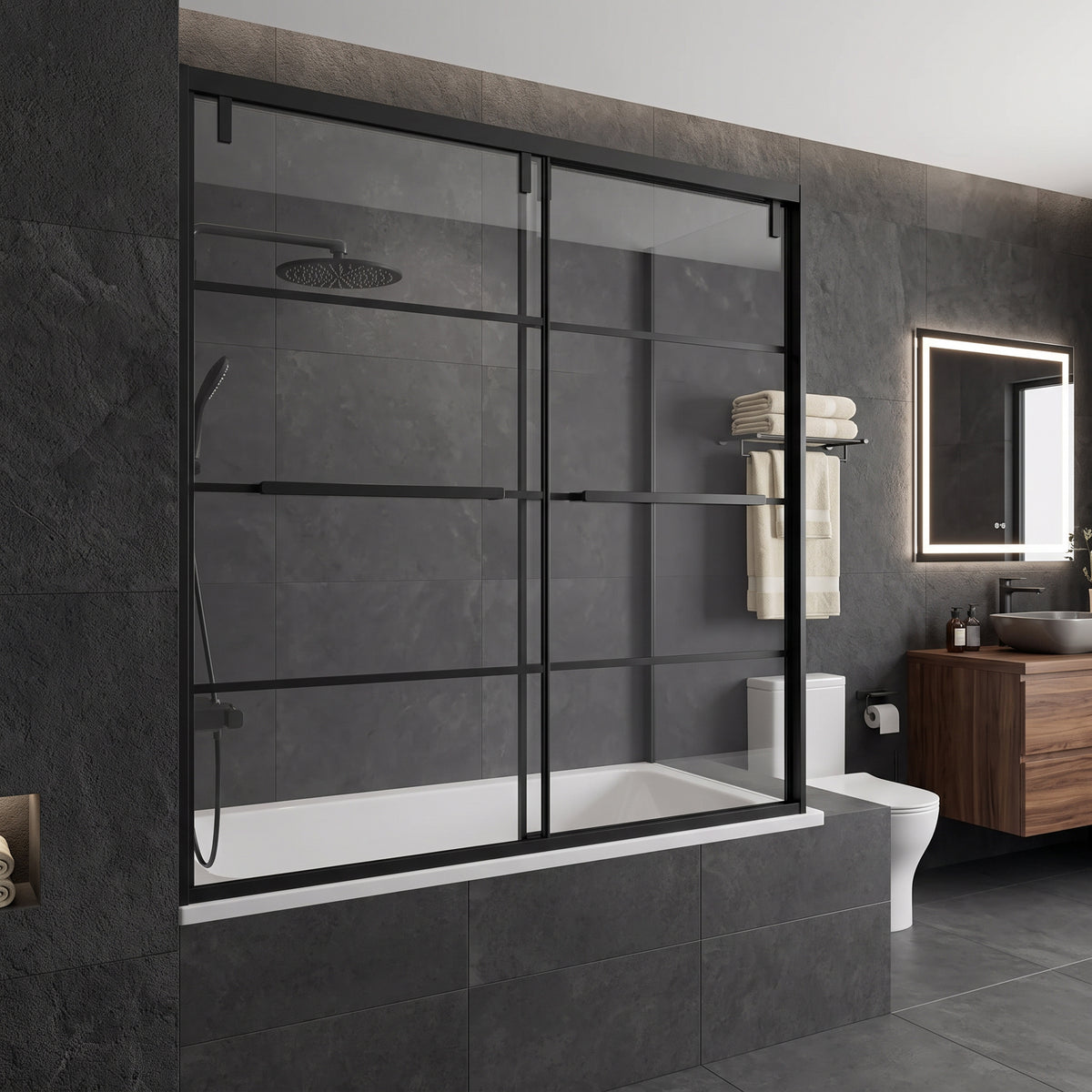 60" x 66" Matte Black Framed Sliding Bathtub Door with Grid Design - Reversible