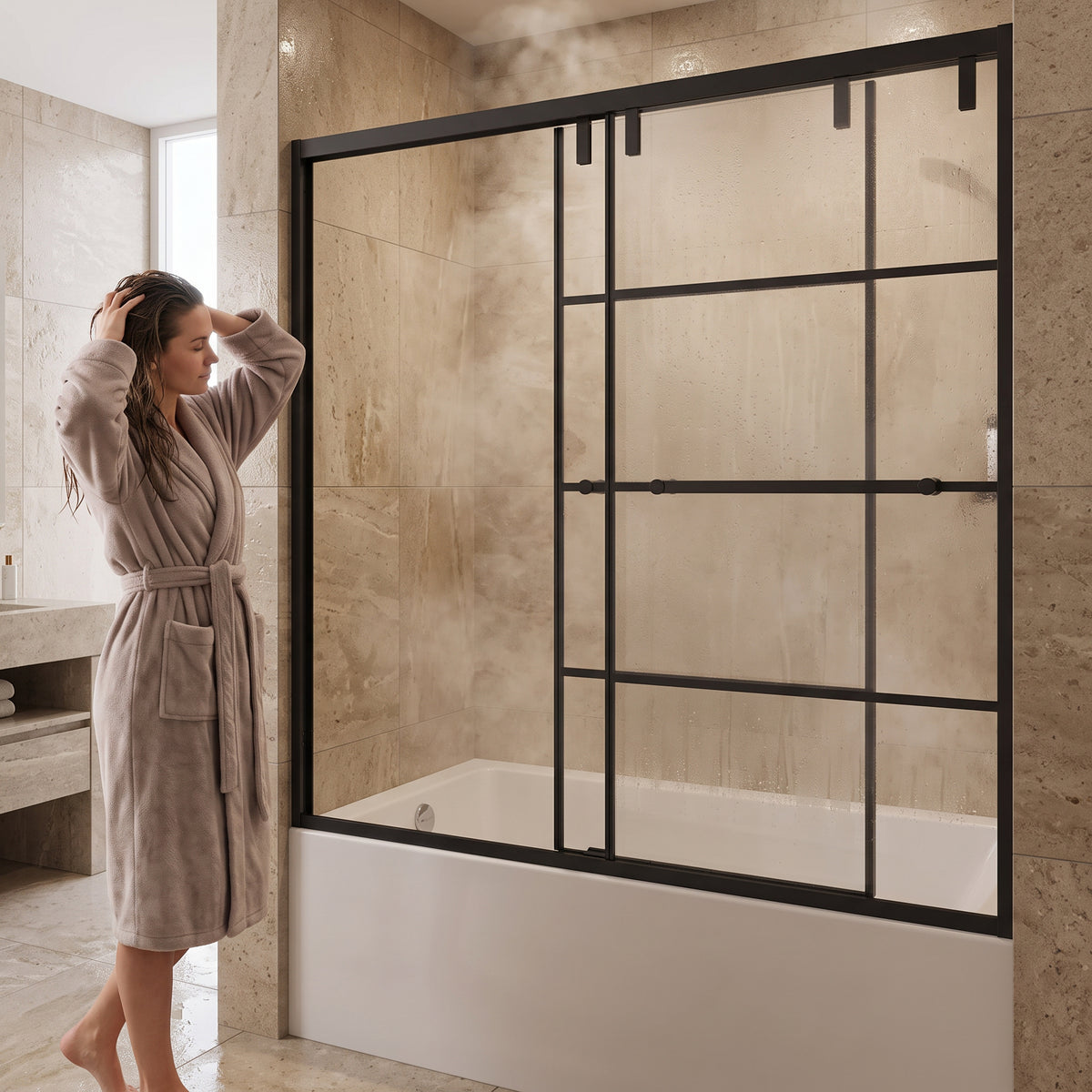 60" x 66" Matte Black Framed Sliding Bathtub Door with Grid Design - Reversible