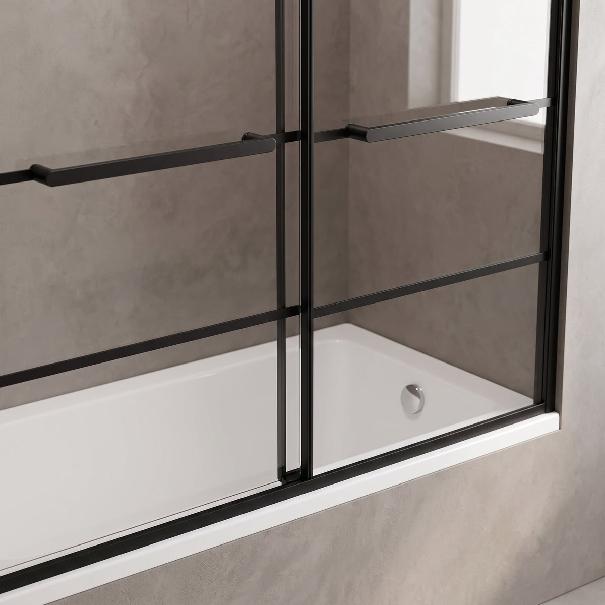 60" x 66" Matte Black Framed Sliding Bathtub Door with Grid Design - Reversible