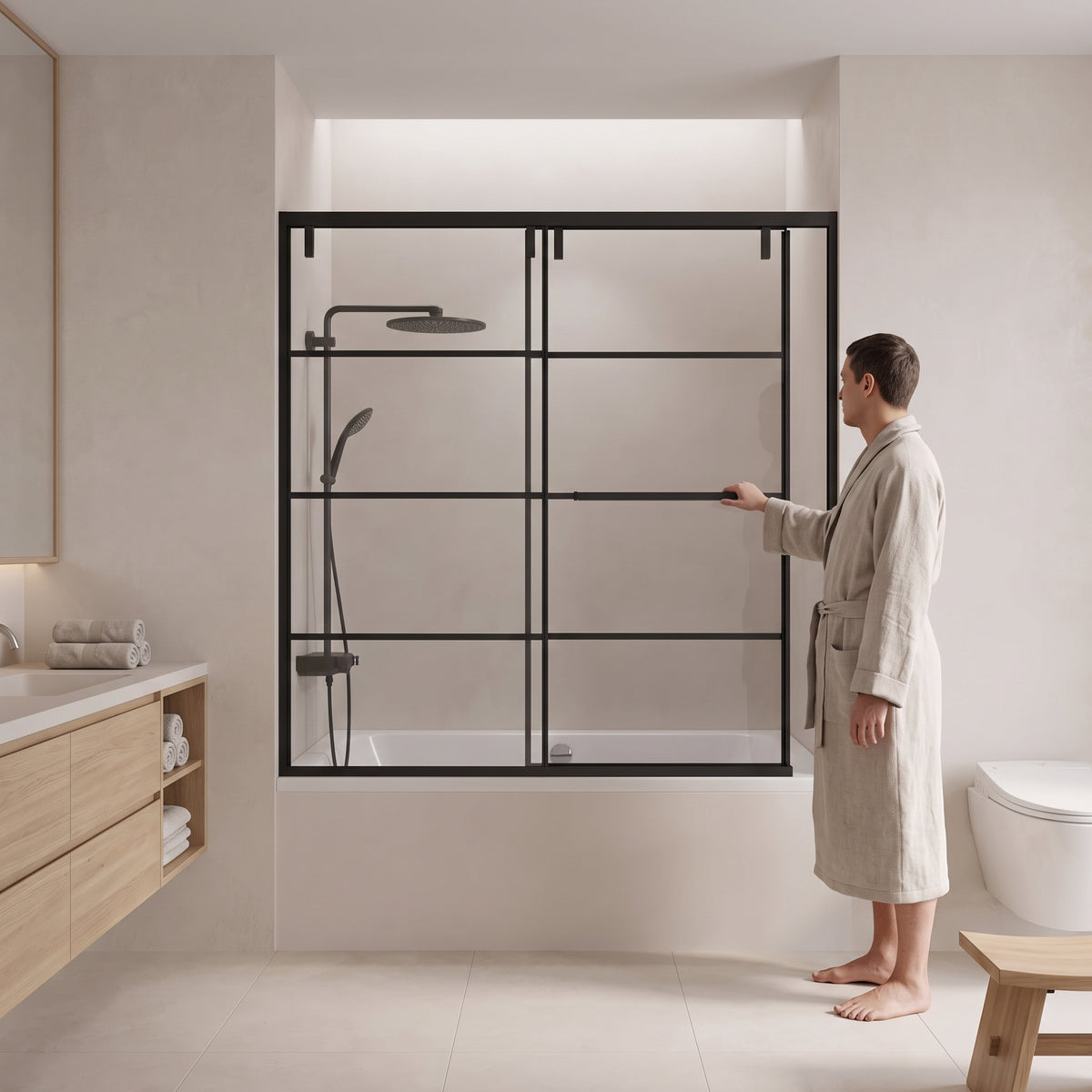 60" x 66" Matte Black Framed Sliding Bathtub Door with Grid Design - Reversible