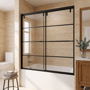 60" x 66" Matte Black Framed Sliding Bathtub Door with Grid Design - Reversible