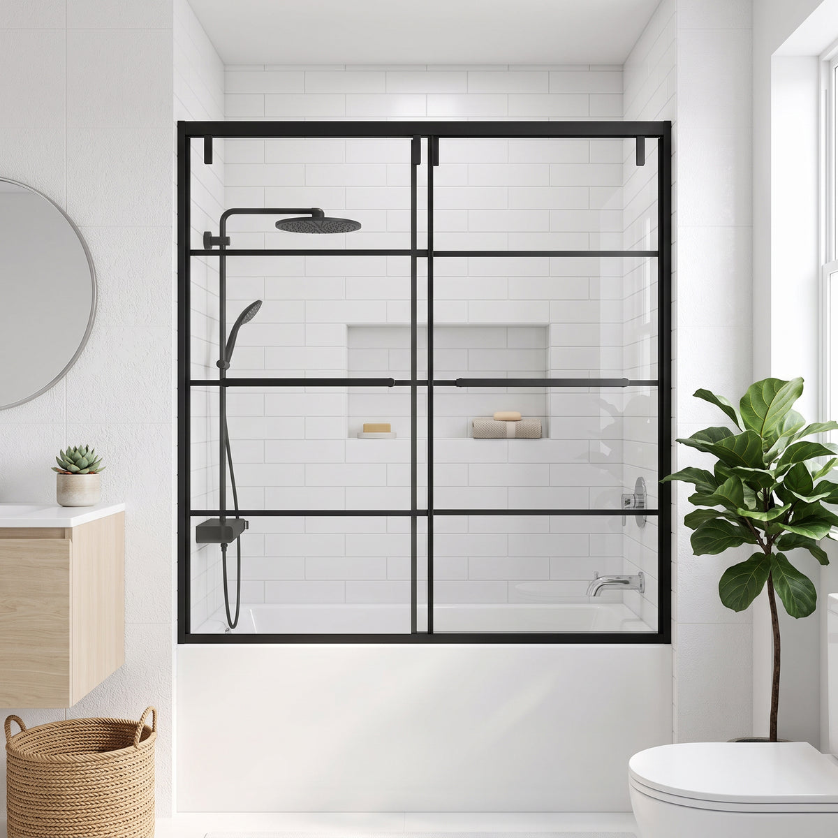 60" x 66" Matte Black Framed Sliding Bathtub Door with Grid Design - Reversible