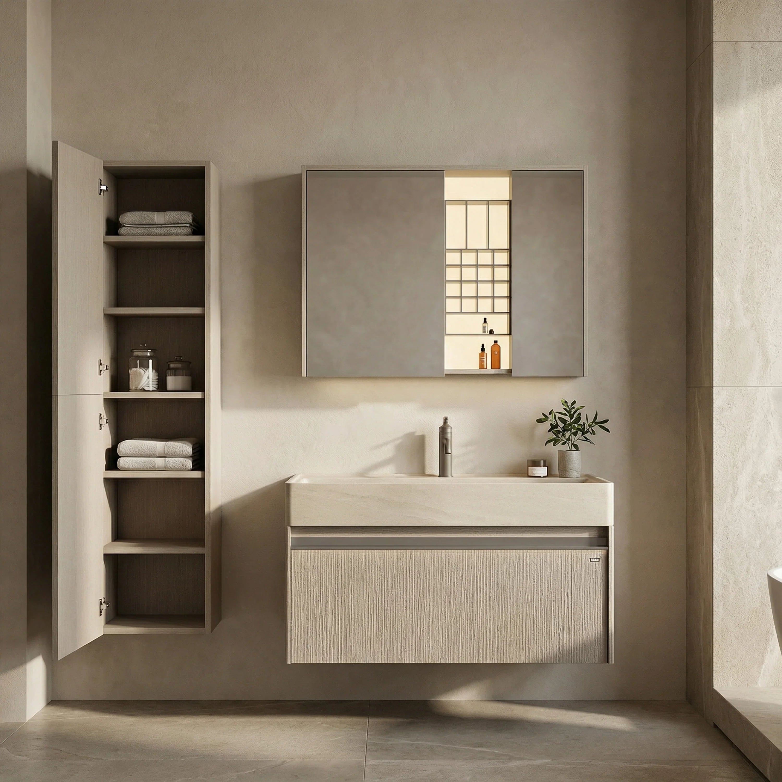 Meuble de rangement mural Hillcrest Taupe à 2 portes avec étagères - Rangement de salle de bain