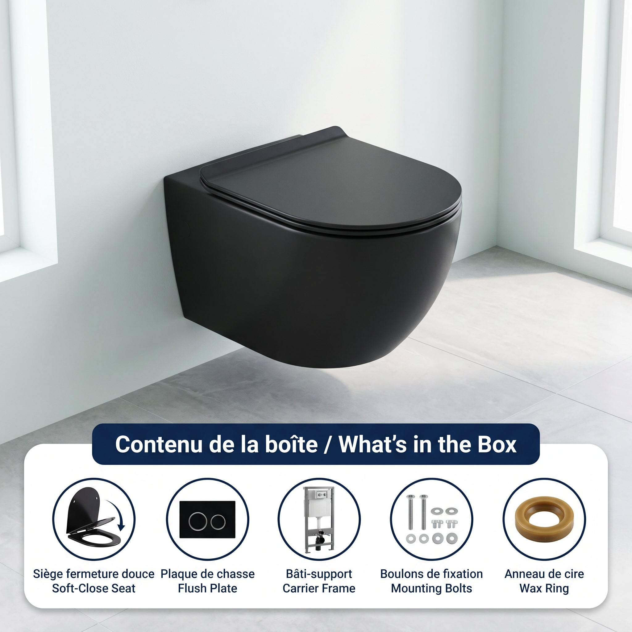 Toilette Suspendue Valentia Noir Mat avec Double Chasse d'Eau