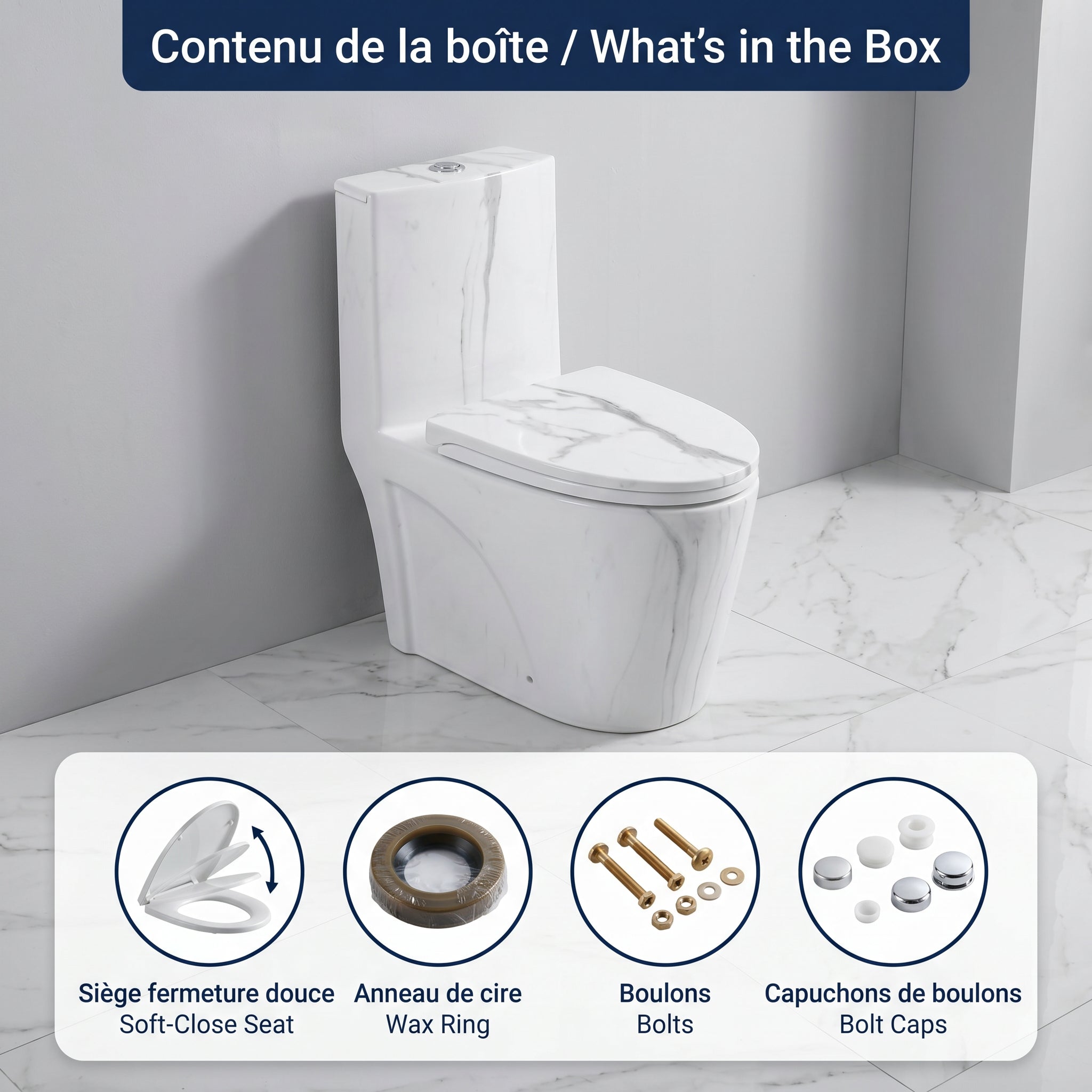 Catania One-Piece Marble Effect Toilet with Dual Flush Technology