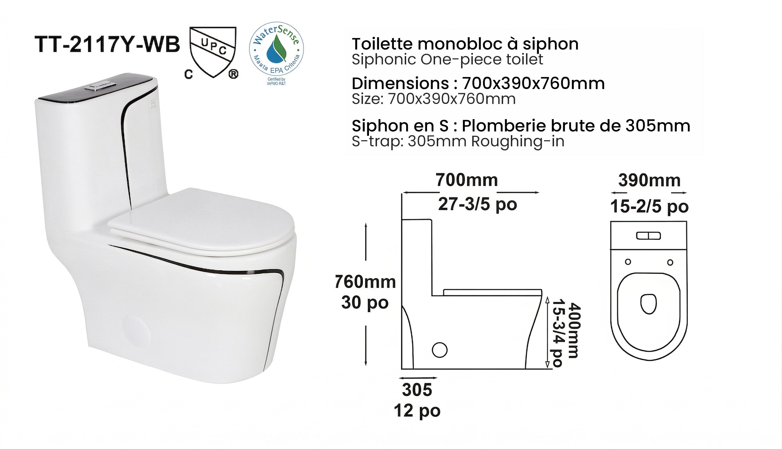 Calcutta One-Piece Toilet – White with Black Accents