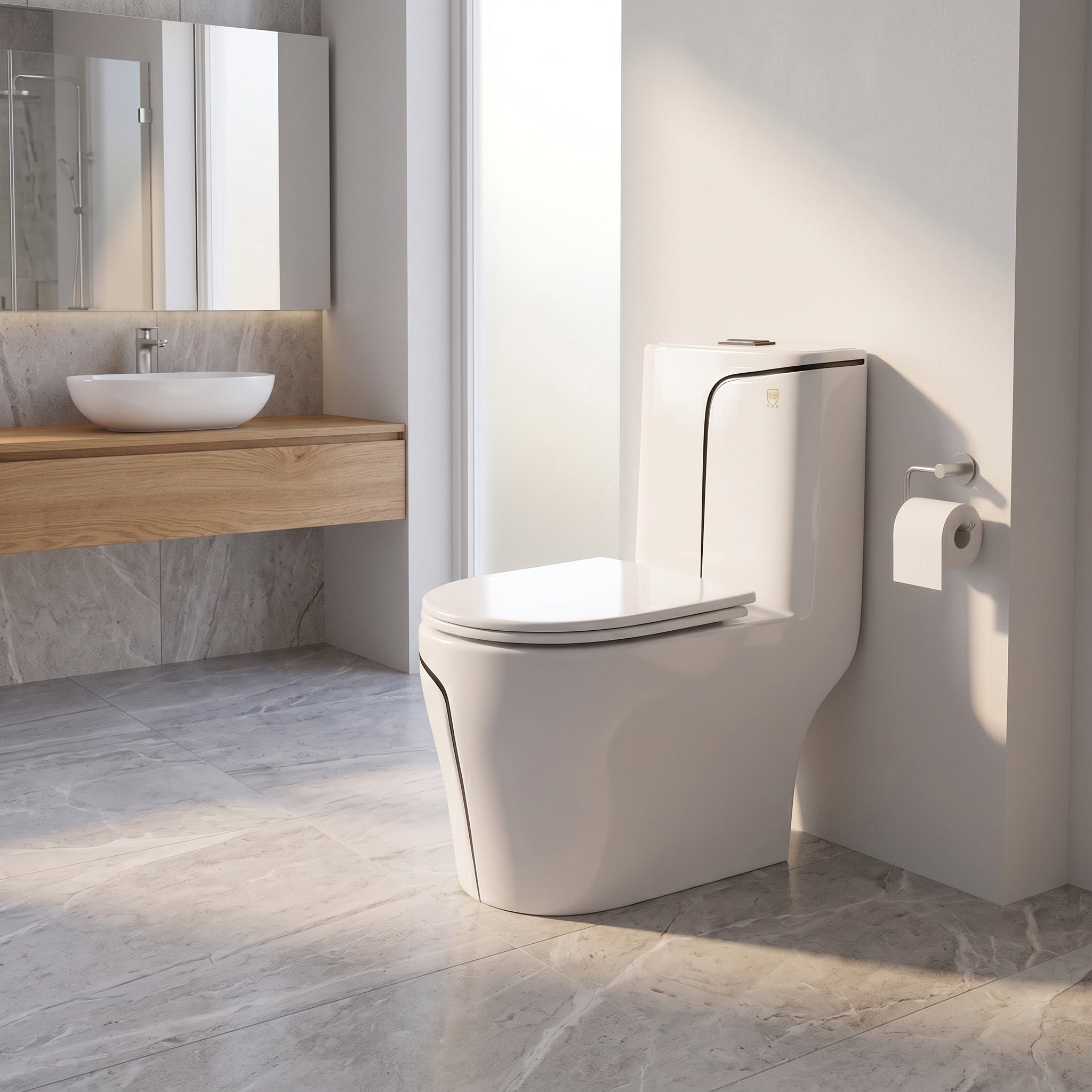 Calcutta One-Piece Toilet – White with Black Accents