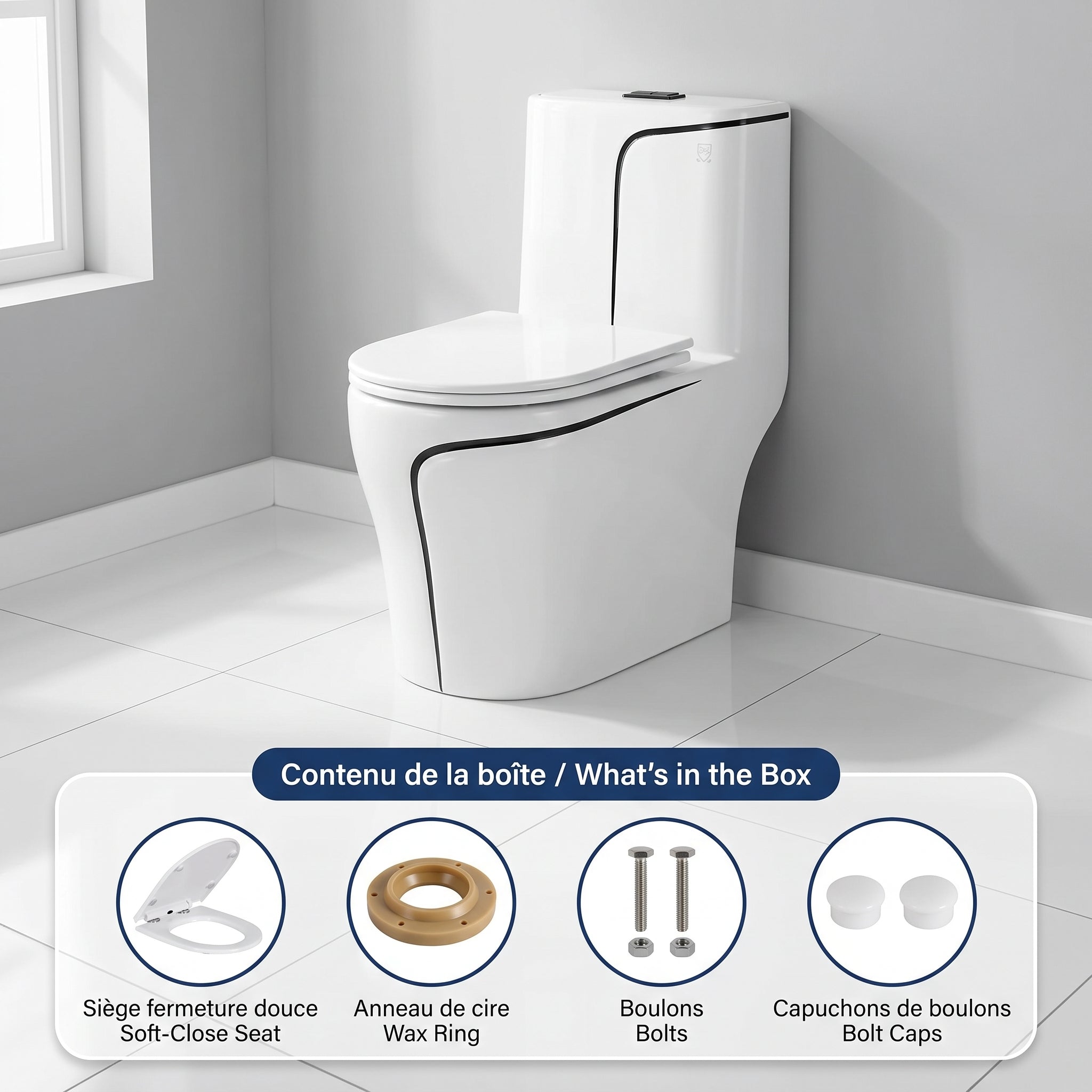 Calcutta One-Piece Toilet – White with Black Accents