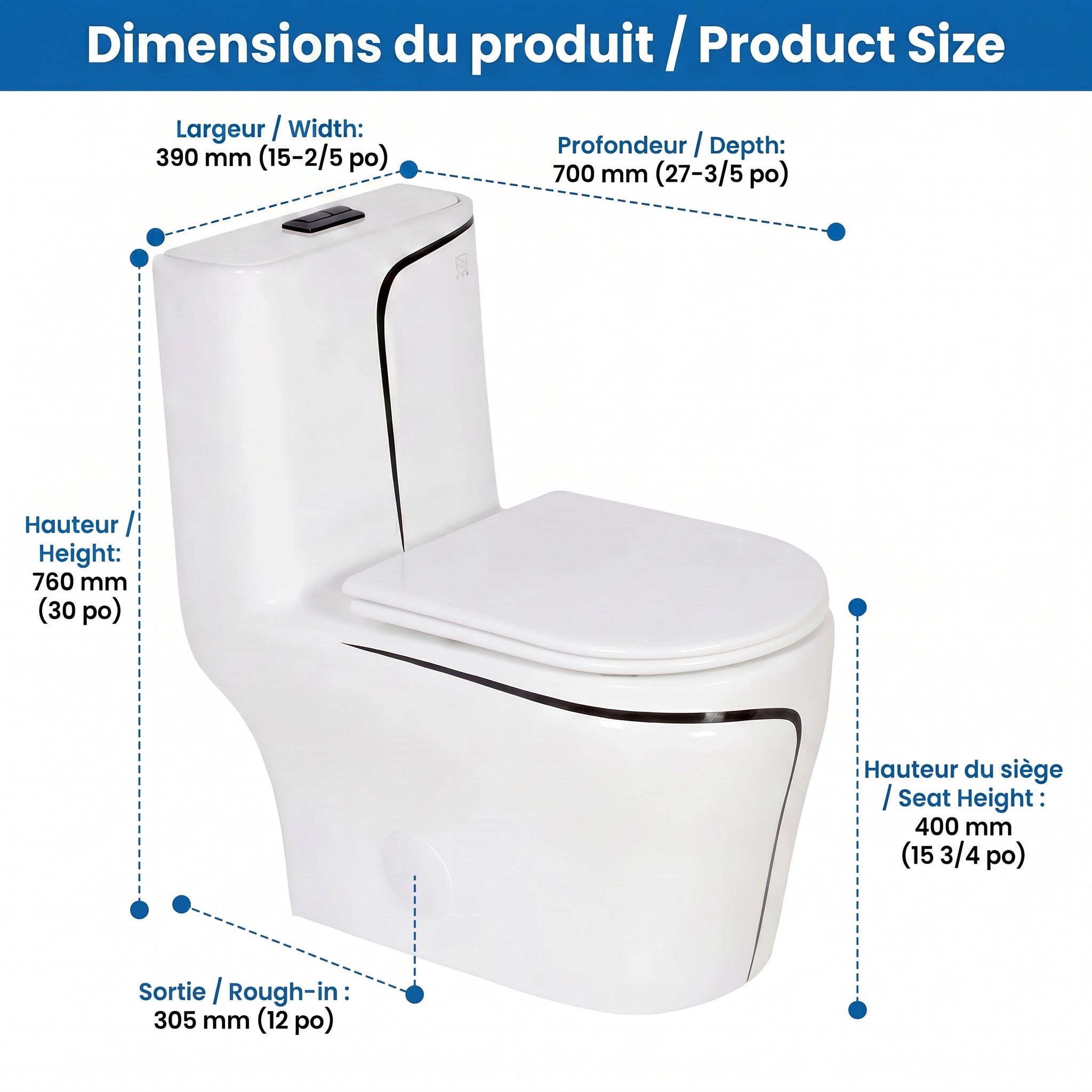 Calcutta One-Piece Toilet – White with Black Accents
