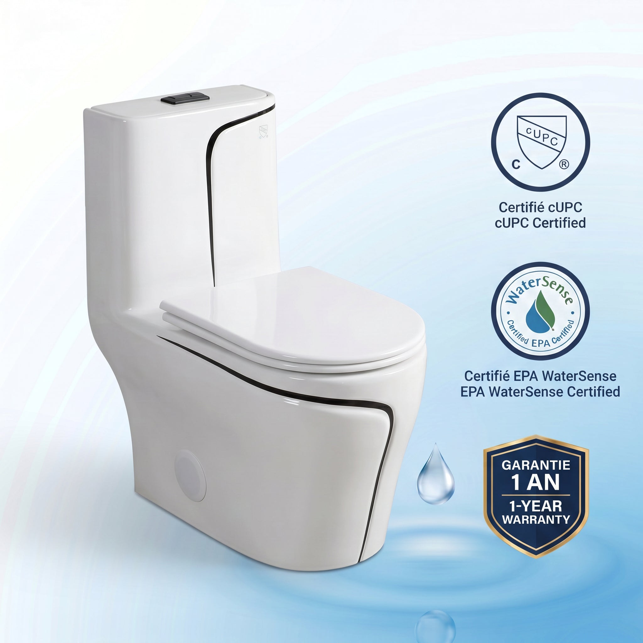 Calcutta One-Piece Toilet – White with Black Accents