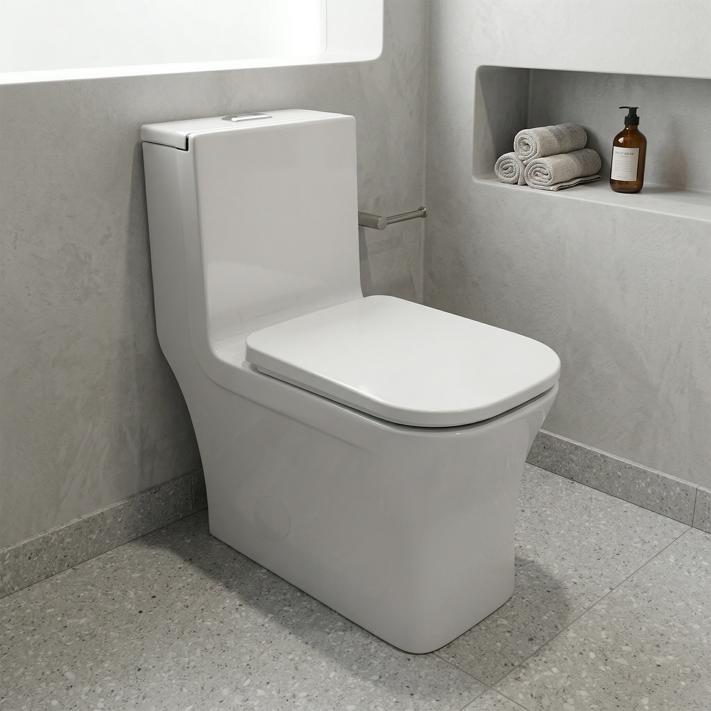 Merida One-Piece Toilet in White – Dual Flush Elongated Square Bowl