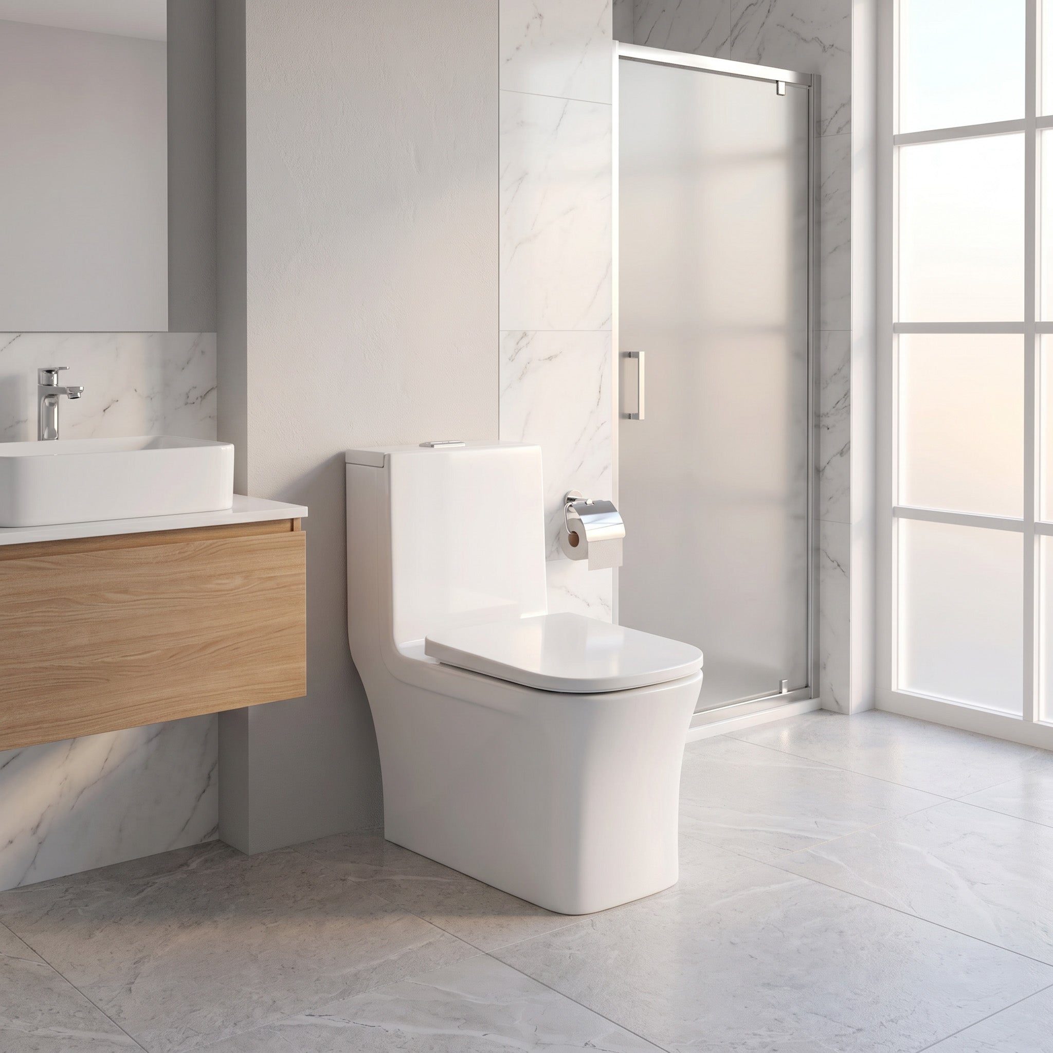 Merida One-Piece Toilet in White – Dual Flush Elongated Square Bowl