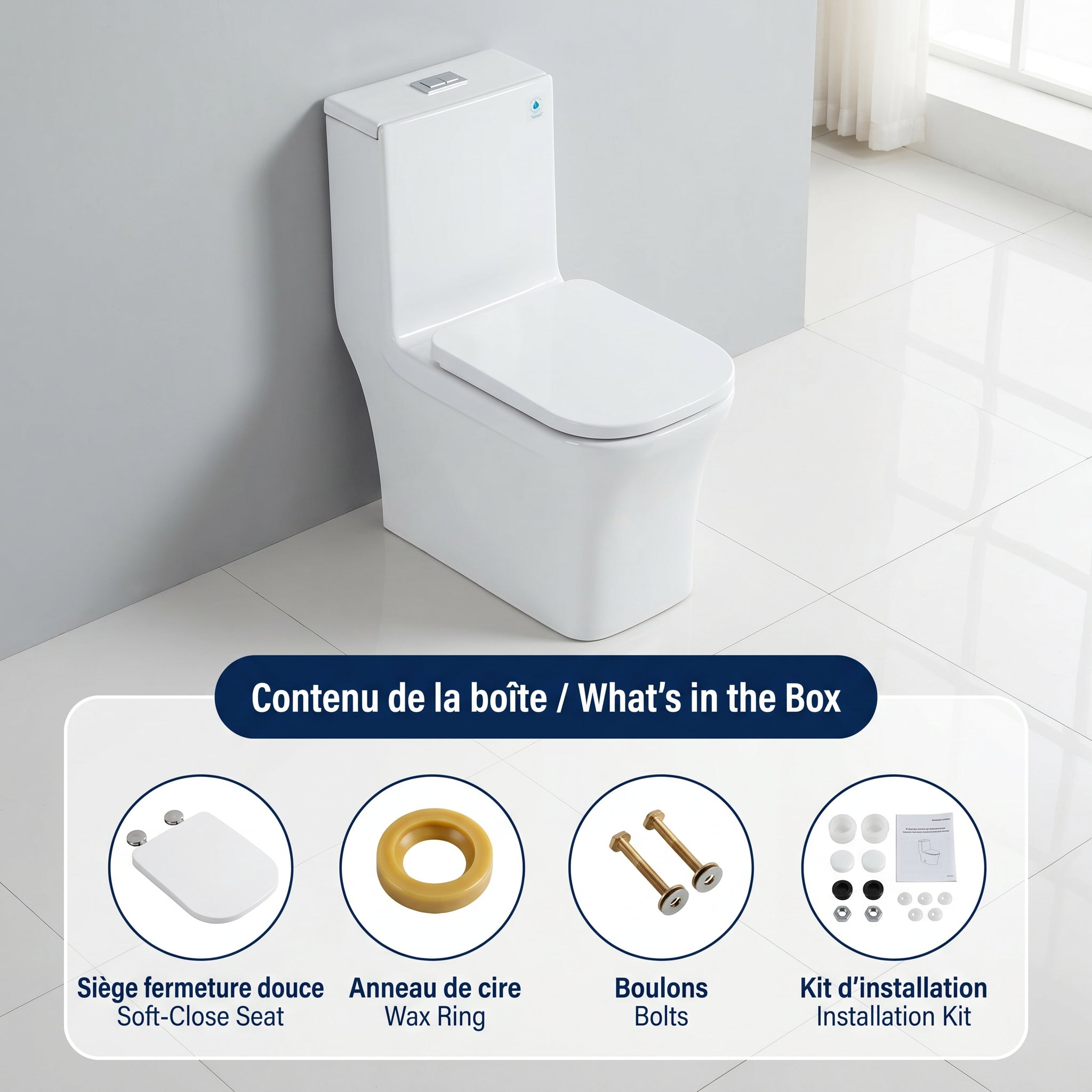 Merida One-Piece Toilet in White – Dual Flush Elongated Square Bowl