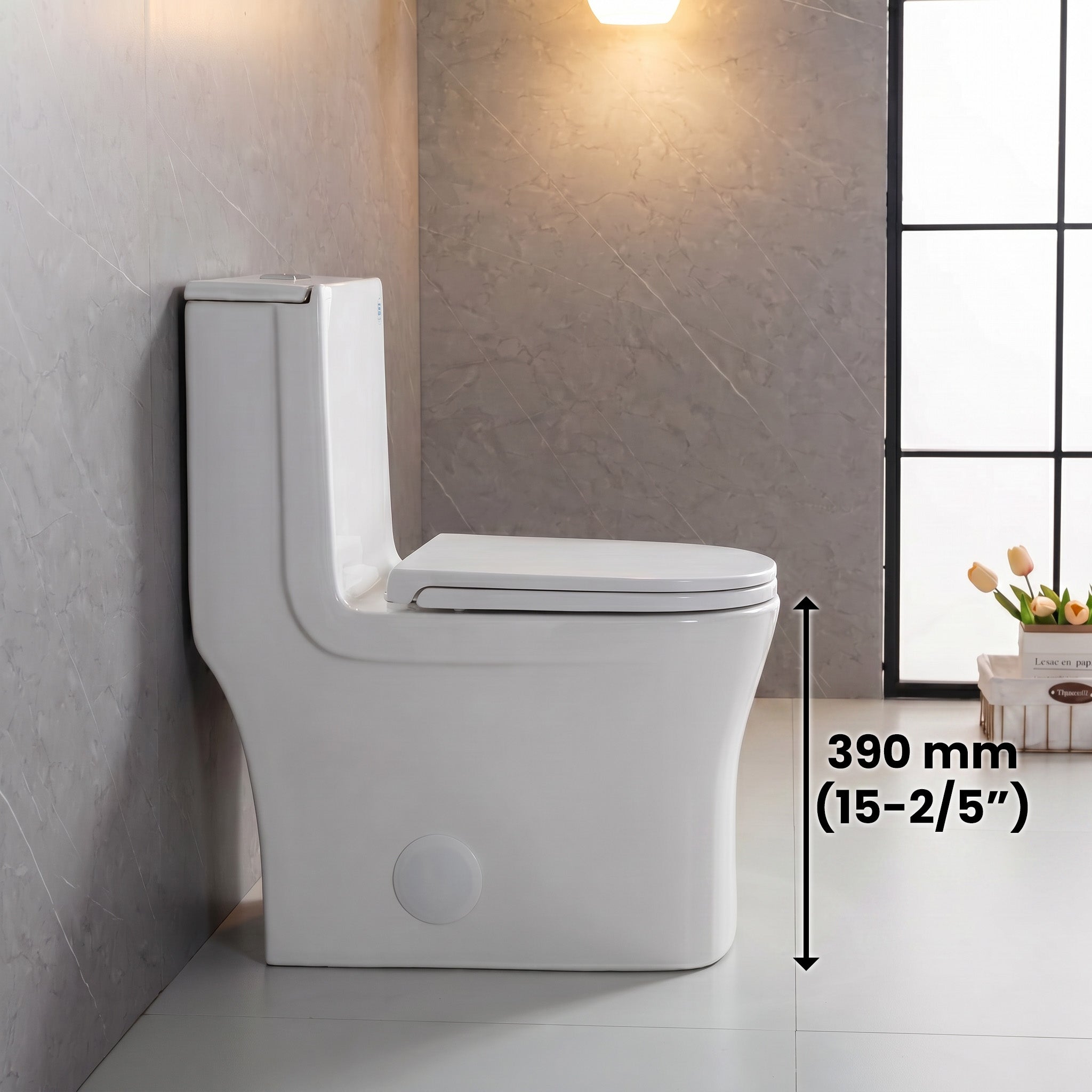 Merida One-Piece Toilet in White – Dual Flush Elongated Square Bowl