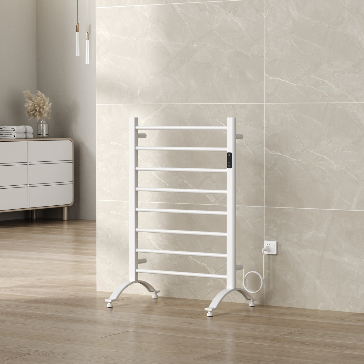 Sèche-serviettes blanc sur pied à brancher de 24" x 36" avec 8 barres rondes