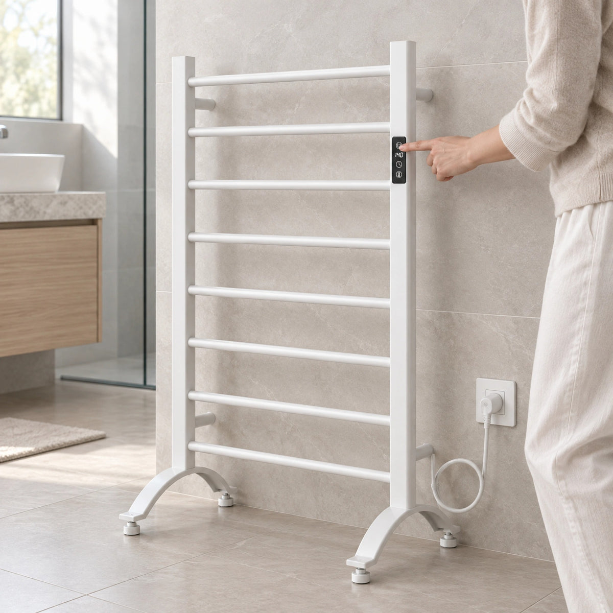Sèche-serviettes blanc sur pied à brancher de 24" x 36" avec 8 barres rondes