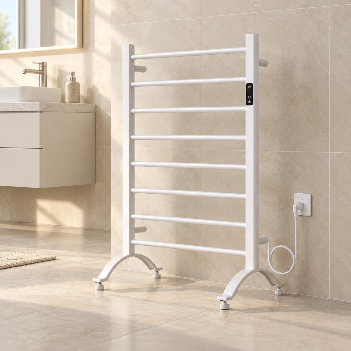 Sèche-serviettes blanc sur pied à brancher de 24" x 36" avec 8 barres rondes