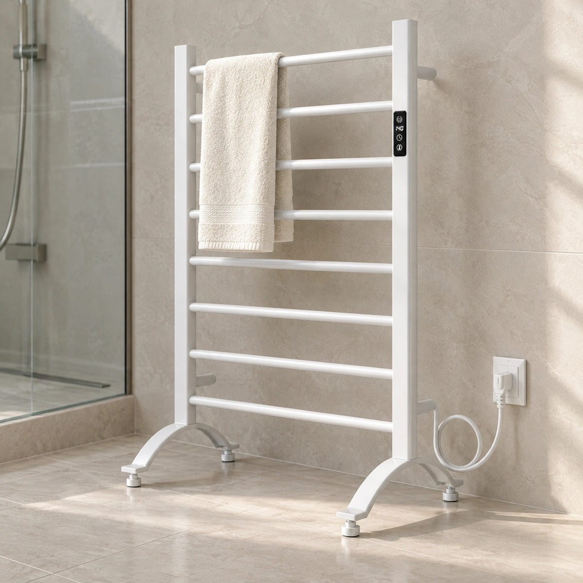 Sèche-serviettes blanc sur pied à brancher de 24" x 36" avec 8 barres rondes