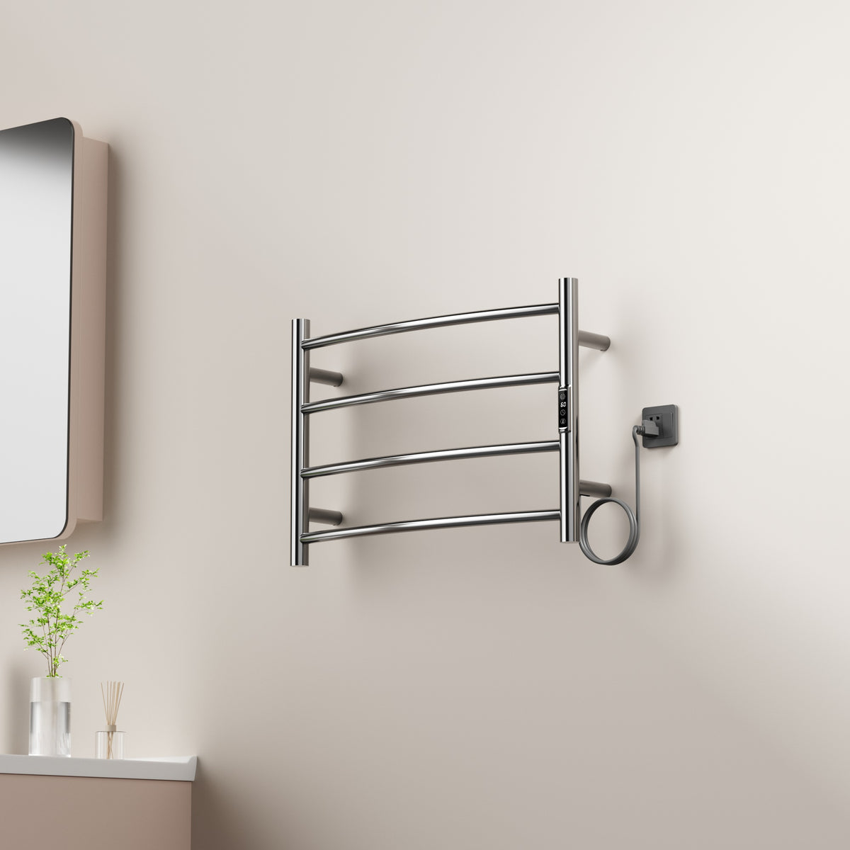 Sèche-serviettes mural incurvé à brancher, chromé, 24" x 17", avec 4 barres rondes