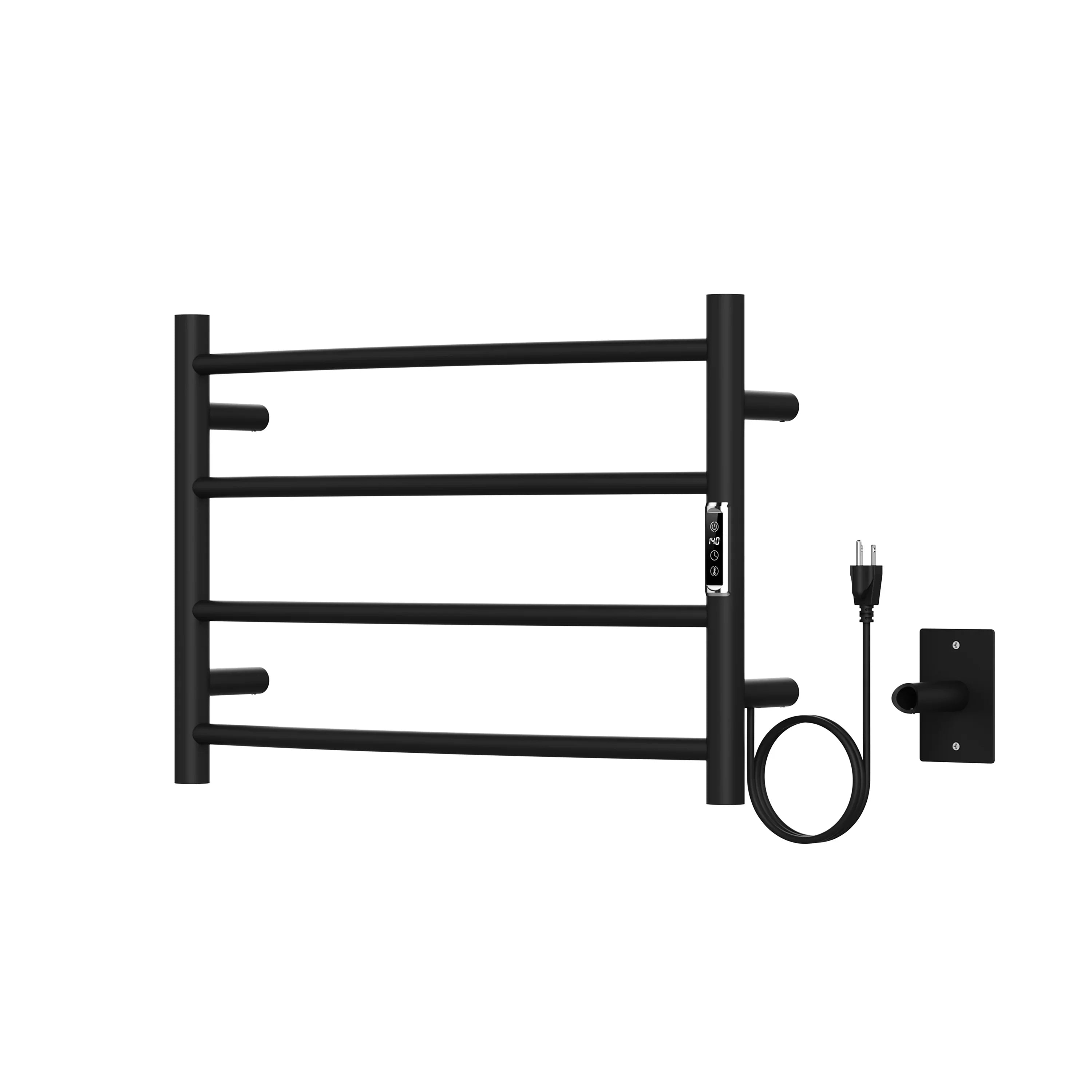24" x 17" Matte Black Plug-in Curved Wall-Mount Towel Warmer with 4 Round Bars