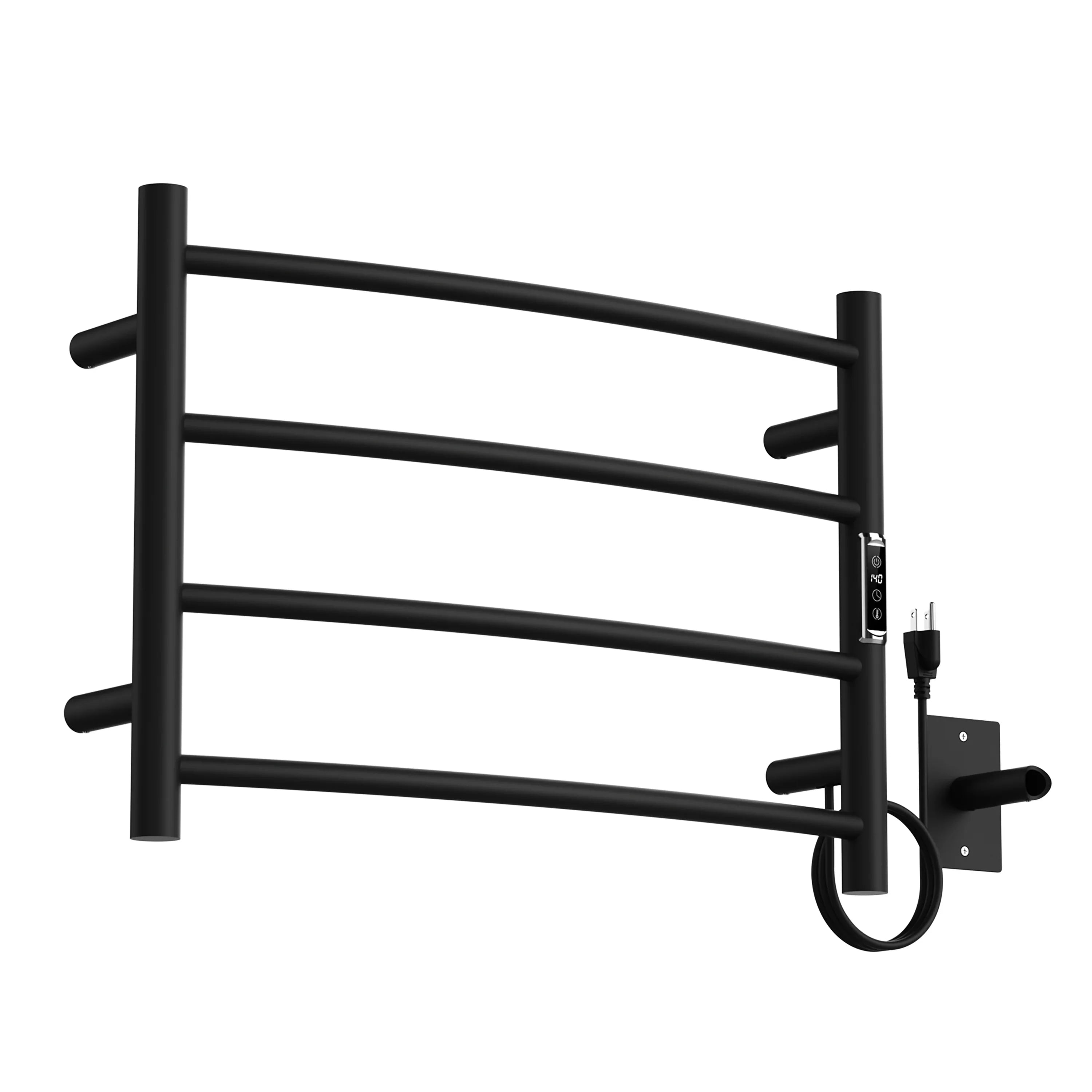 24" x 17" Matte Black Plug-in Curved Wall-Mount Towel Warmer with 4 Round Bars