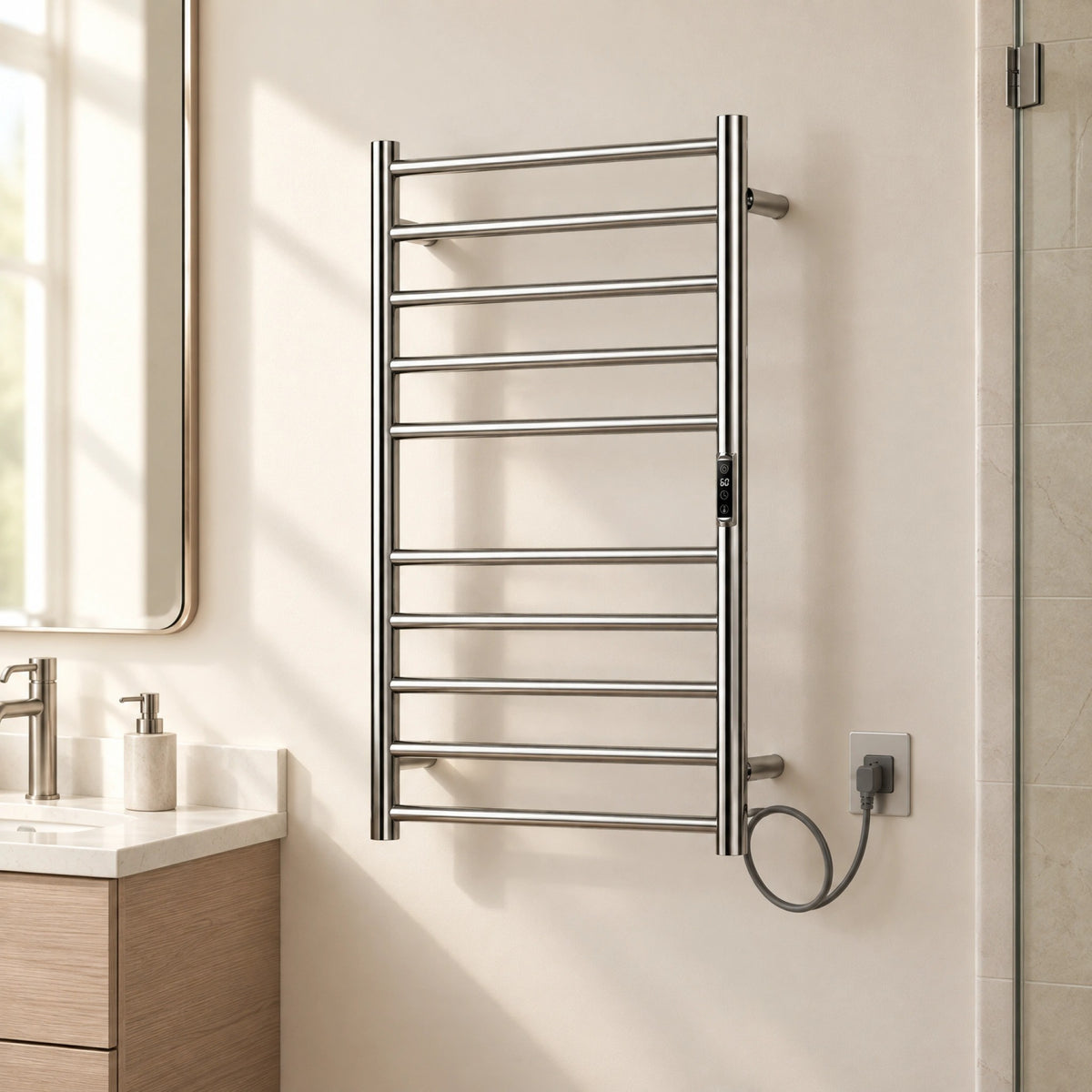 Sèche-serviettes mural à brancher chromé de 20" x 32" avec 10 barres rondes