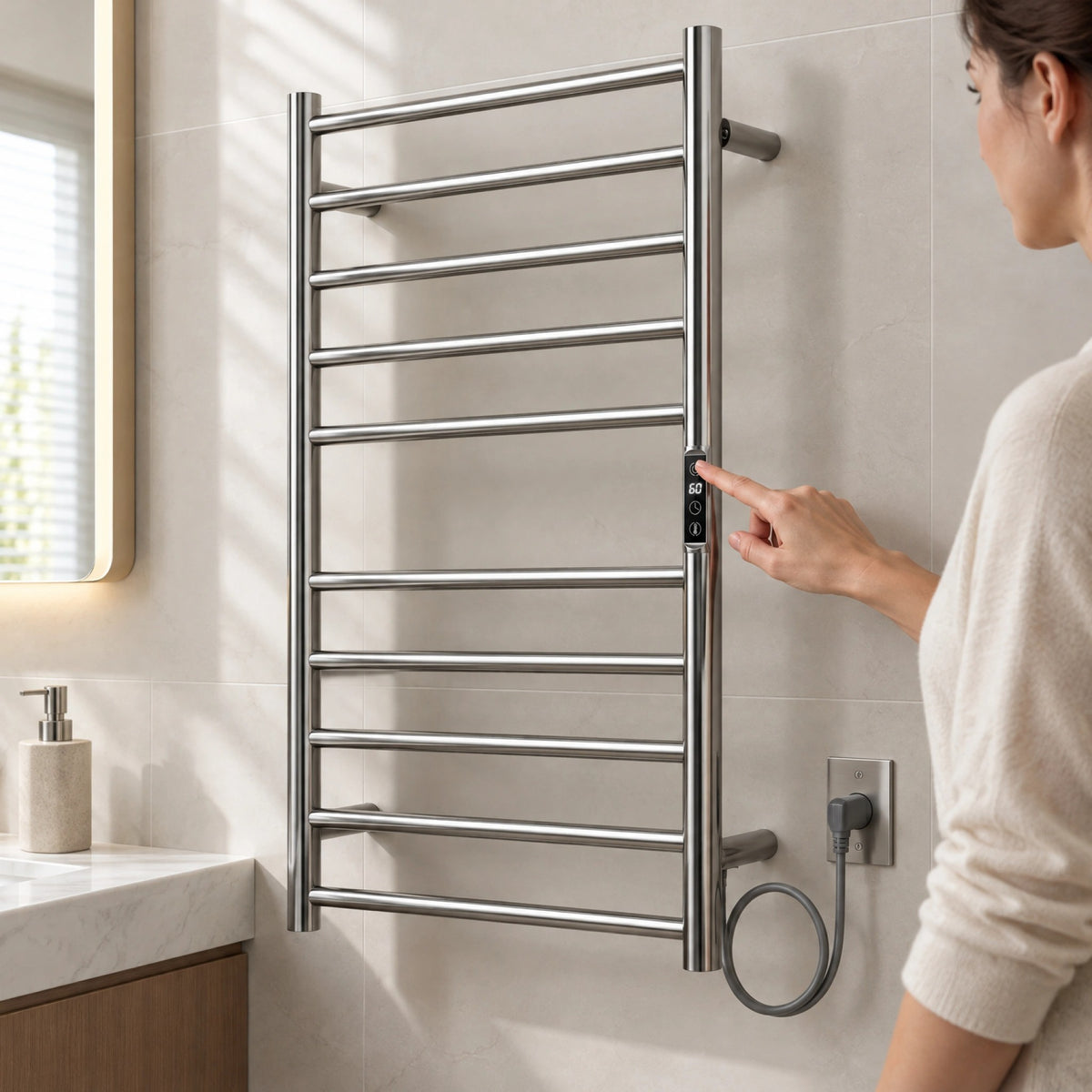 Sèche-serviettes mural à brancher chromé de 20" x 32" avec 10 barres rondes