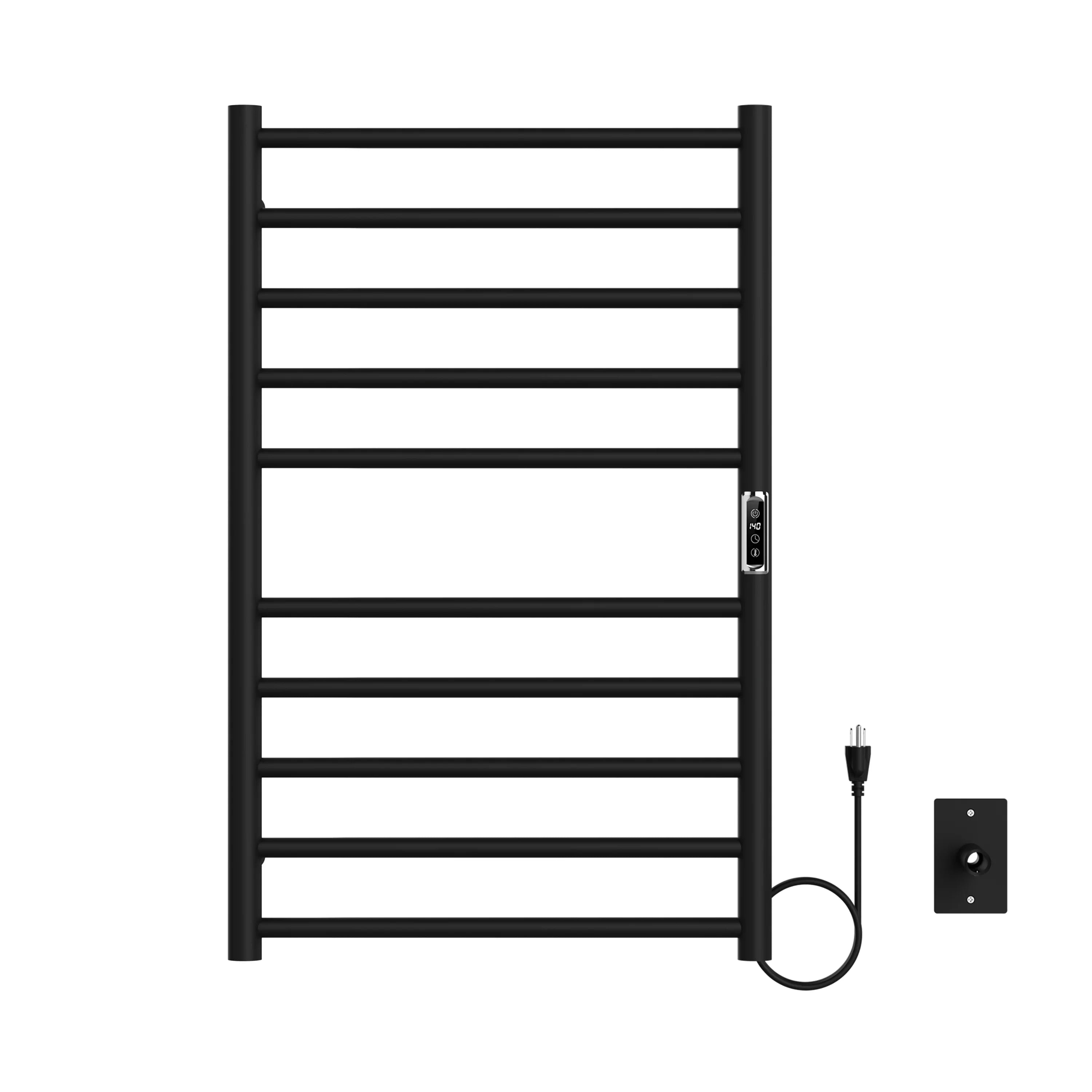 Chauffe-serviettes Mural à Brancher Noir Mat 20po x 32po avec 10 Barres Rondes
