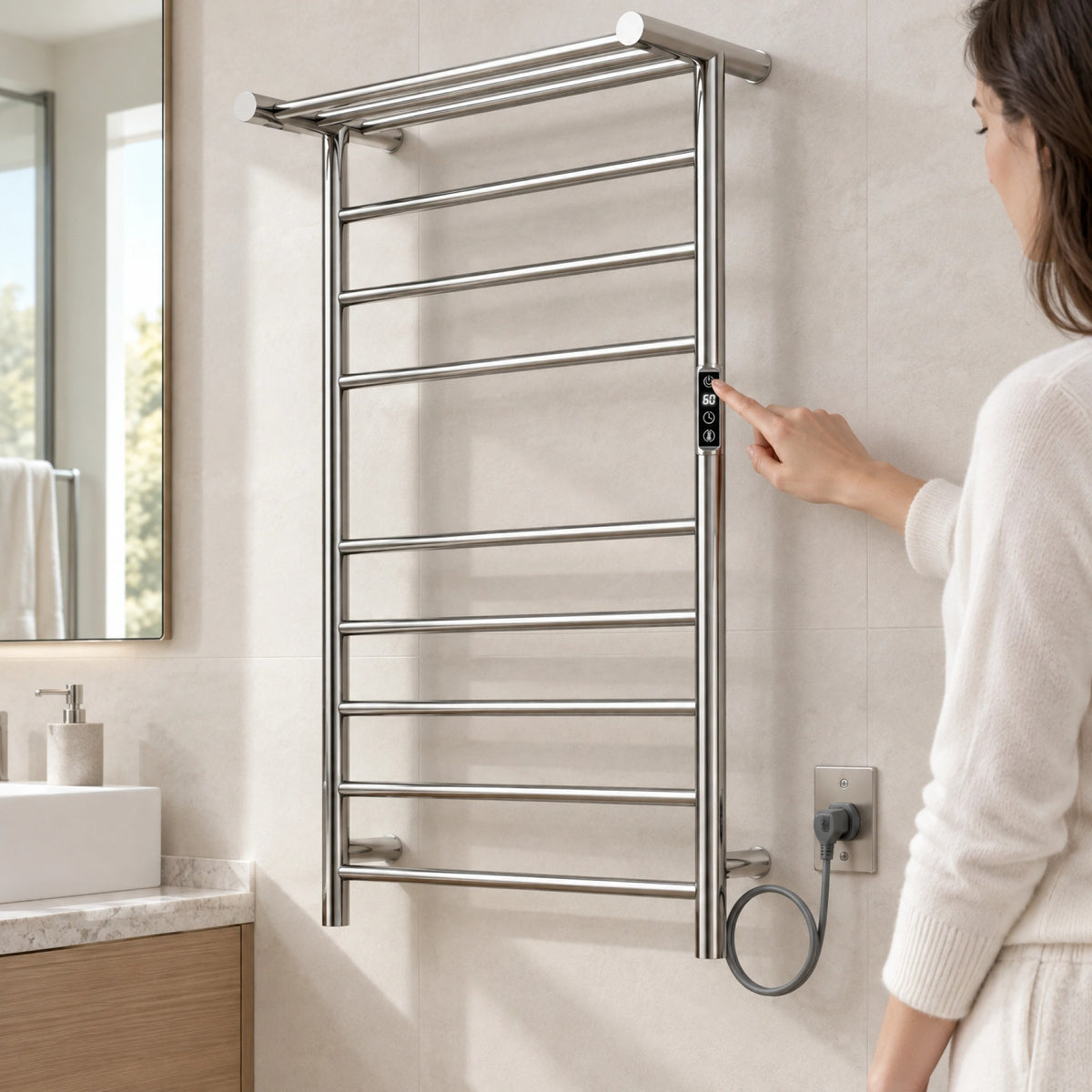 Sèche-serviettes mural à brancher chromé de 24 po x 40 po avec 11 barres rondes