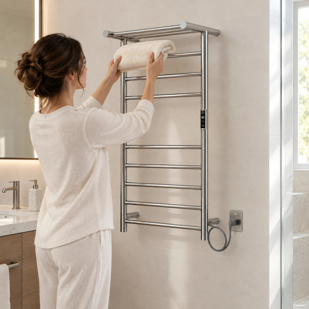 Sèche-serviettes mural à brancher chromé de 24 po x 40 po avec 11 barres rondes