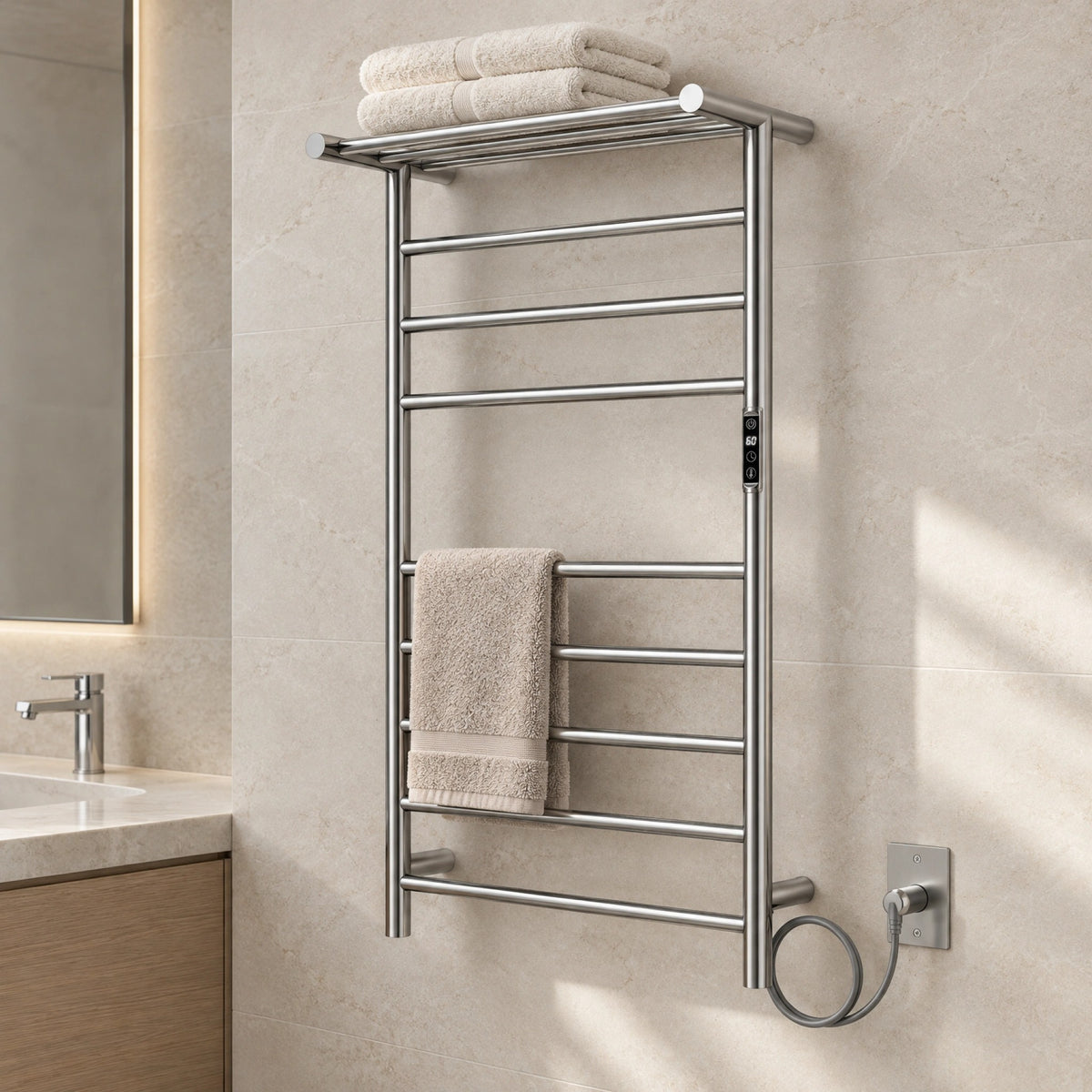Sèche-serviettes mural à brancher chromé de 24 po x 40 po avec 11 barres rondes