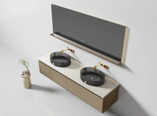 Meuble-lavabo Mural DEL 72 po Champagne avec Comptoir en Marbre Jade Blanc Royal et Double Vasques en Cristal