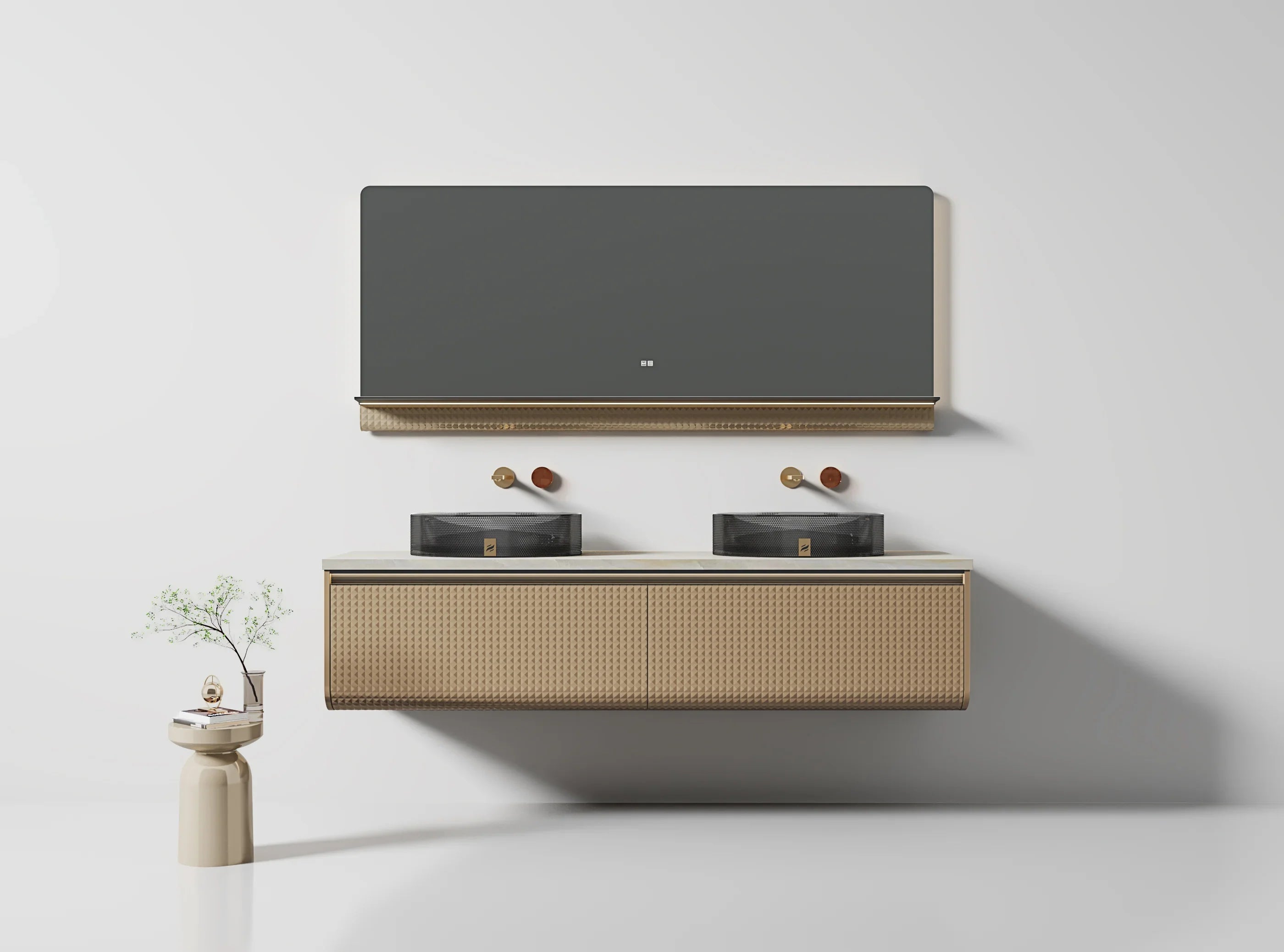 Meuble-lavabo Mural DEL 72 po Champagne avec Comptoir en Marbre Jade Blanc Royal et Double Vasques en Cristal