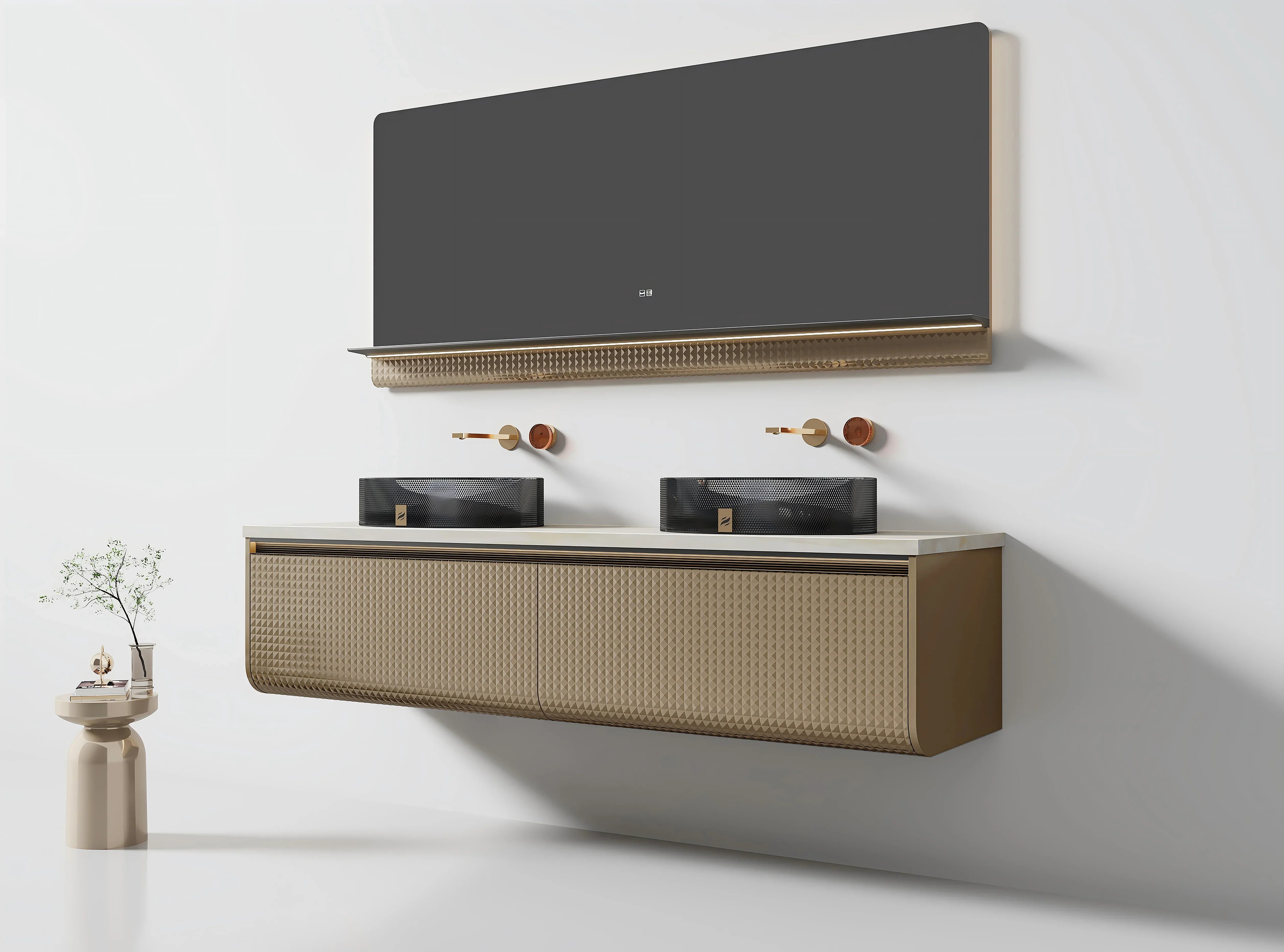 Meuble-lavabo Mural DEL 72 po Champagne avec Comptoir en Marbre Jade Blanc Royal et Double Vasques en Cristal