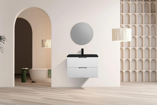 30" Matte White Wall Mount Bathroom Vanity with Black Engineered Quartz Countertop